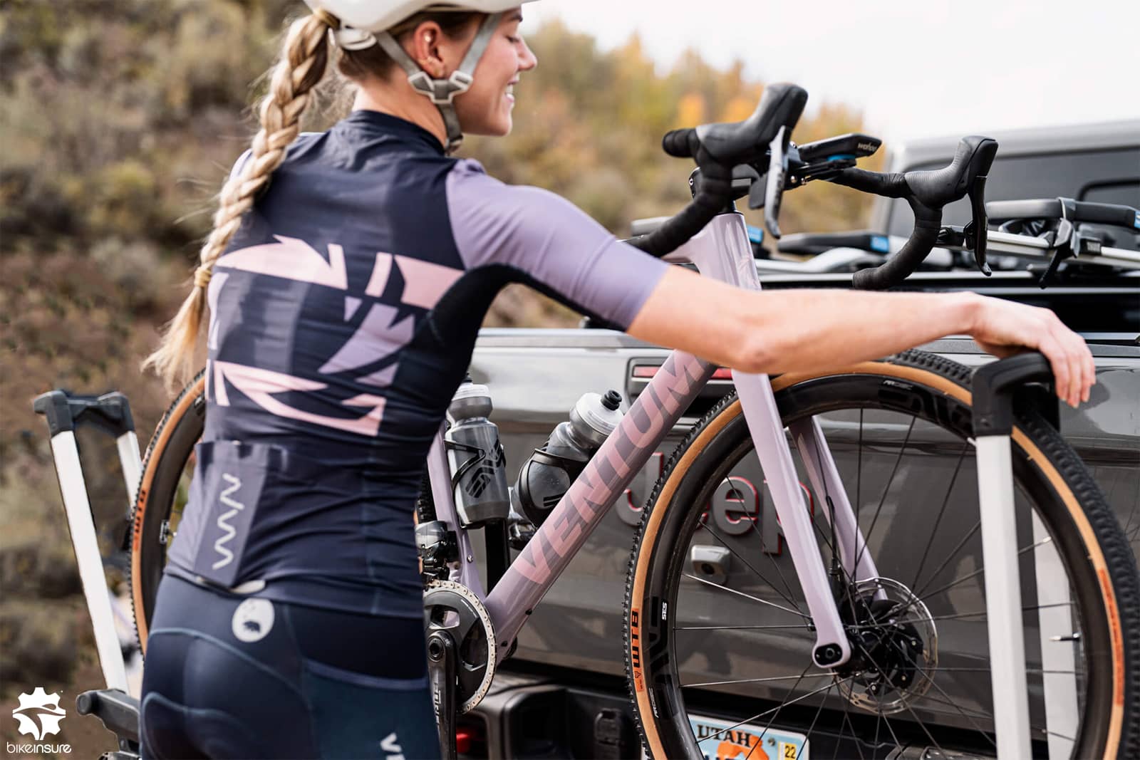 Gravel bike on a car bike rack: BikeInsure covers transit damage