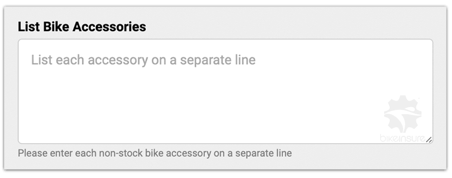 Bike accessories section of the BikeInsure sign-up