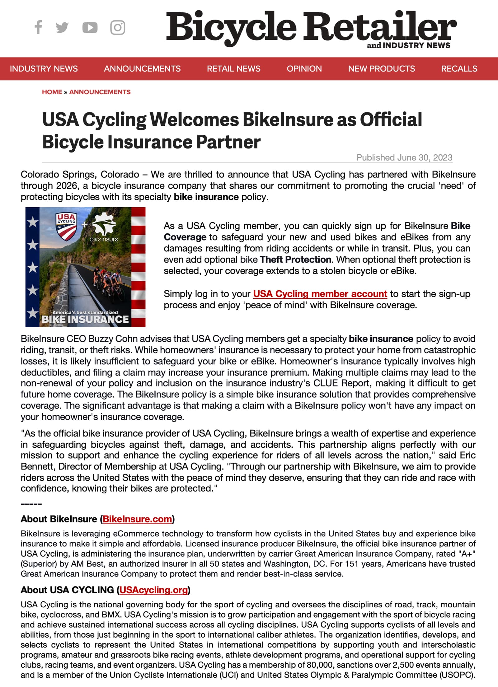USA Cycling and BikeInsure partnership in Bicycle Retailer