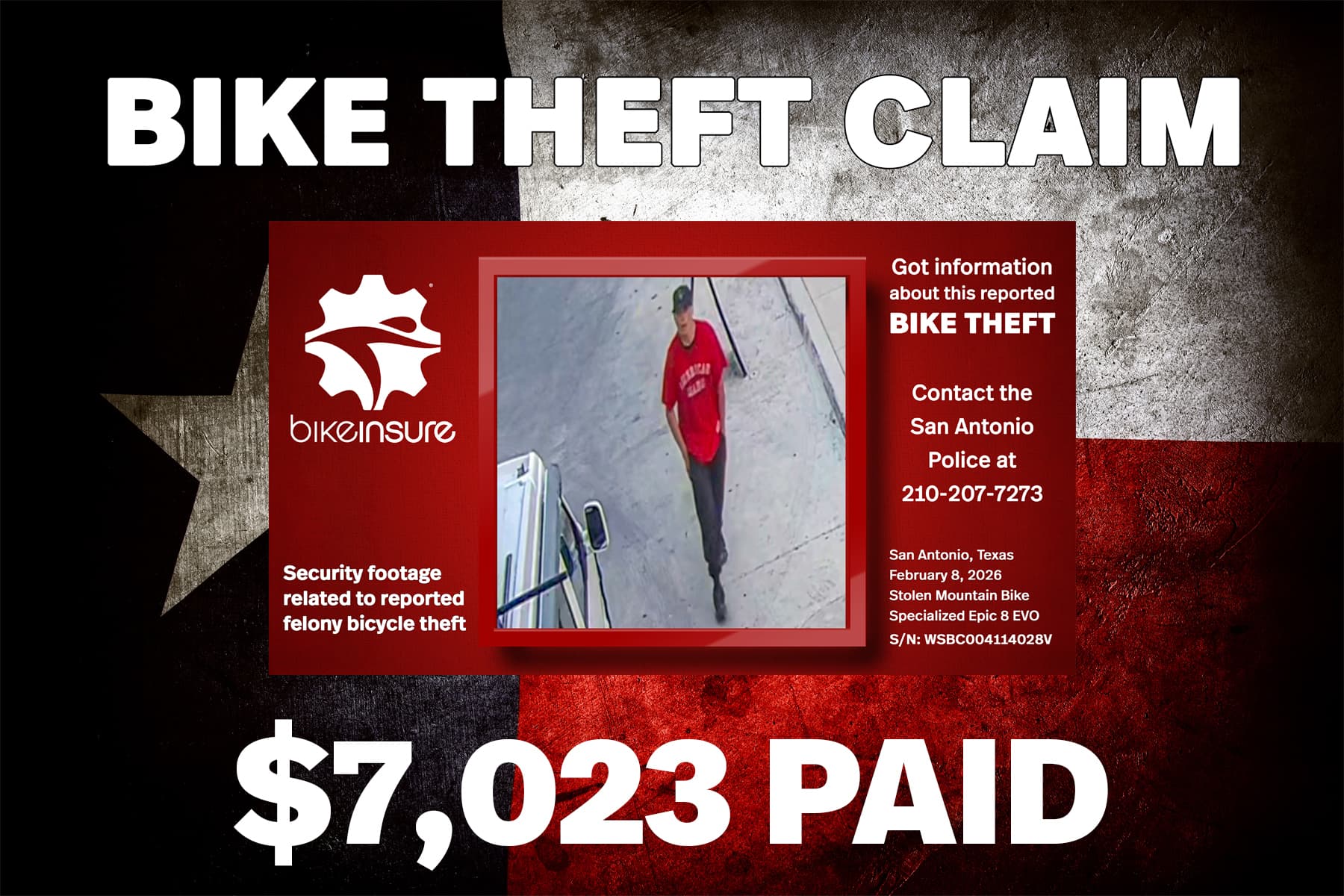 Security camera image from reported Specialized bike theft in Texas restaurant parking lot