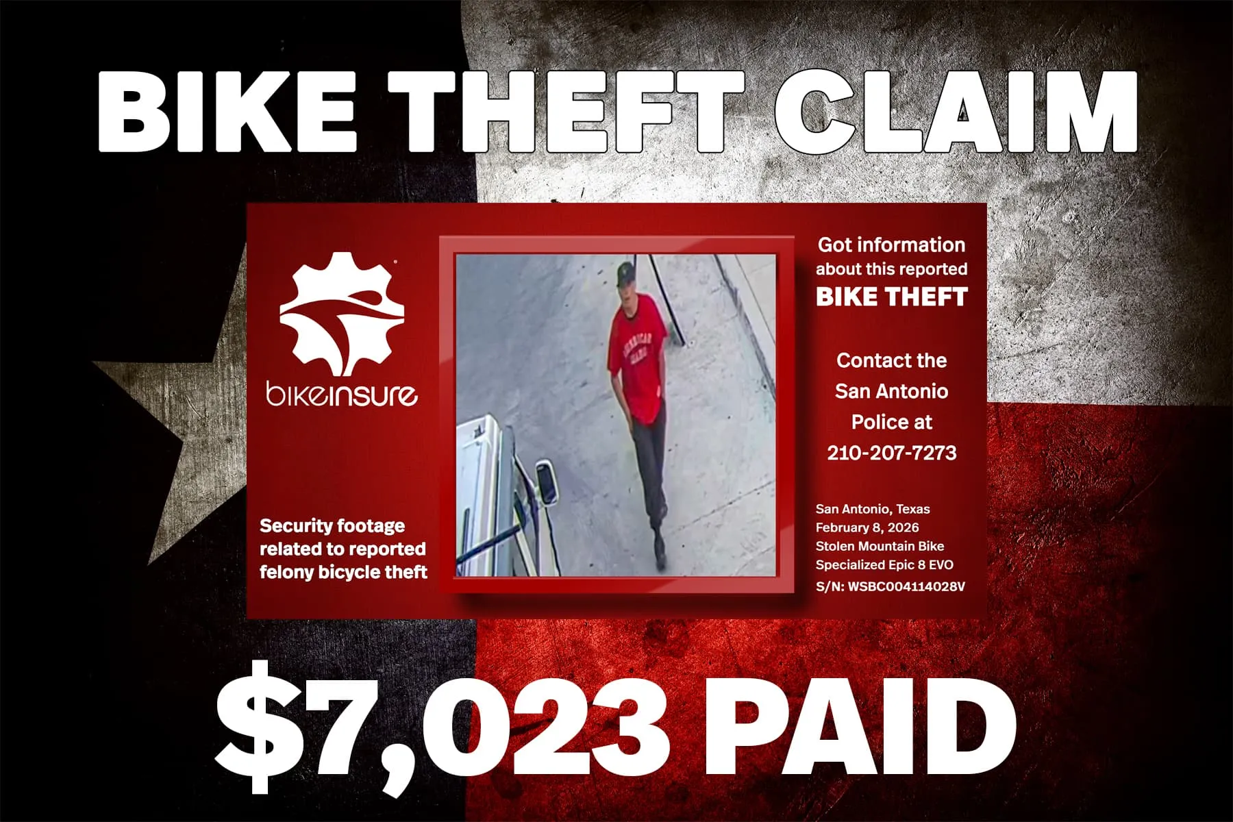 Security camera image from reported Specialized bike theft in Texas restaurant parking lot