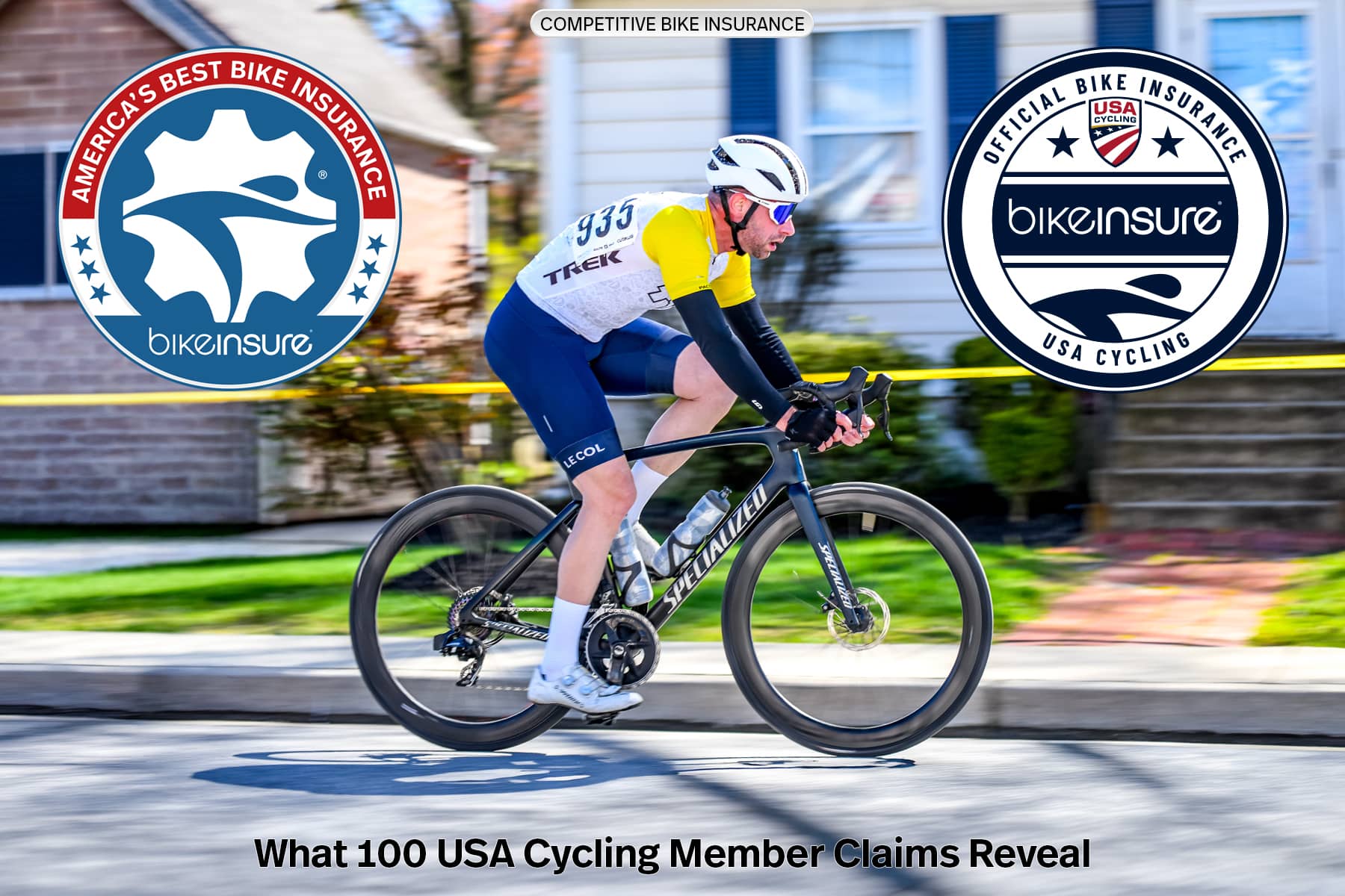 Competitive road cyclist with BikeInsure and USA Cycling partnership seals for a competitive bike insurance claims analysis.
