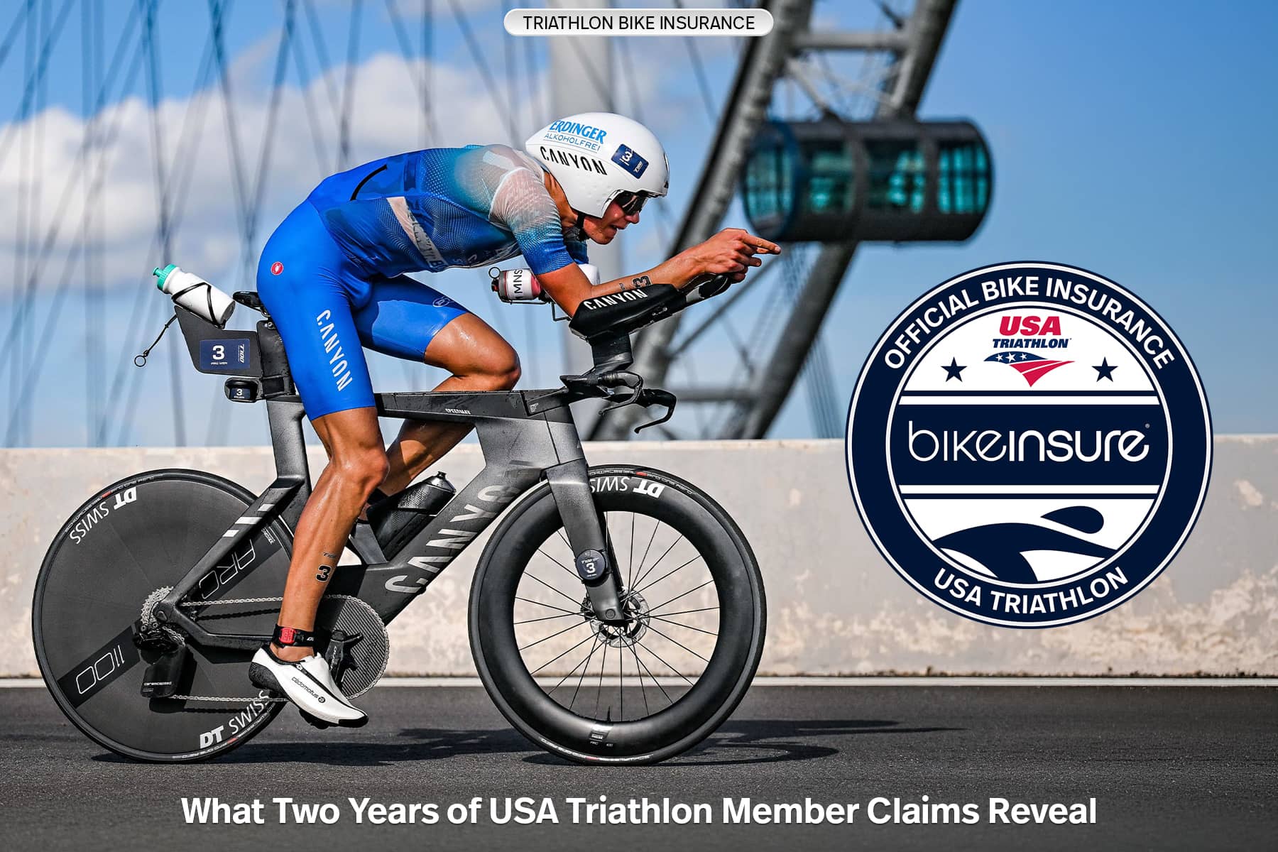 Triathlete riding a time trial bike with a BikeInsure Official Bike Insurance seal, USA Triathlon competition bike insurance