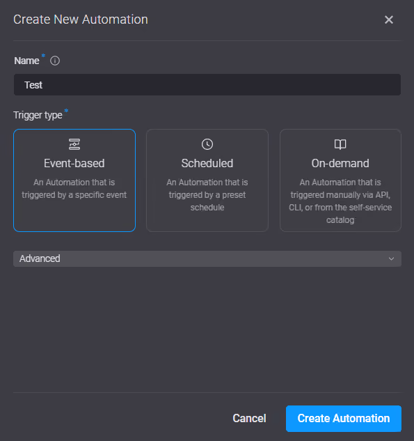 Screenshot of Blink "Create New Automation Screen." Shown is a field for Automation Name, and an option to choose your trigger type. There are options for Event-based, Scheduled, and On-demand automations.
