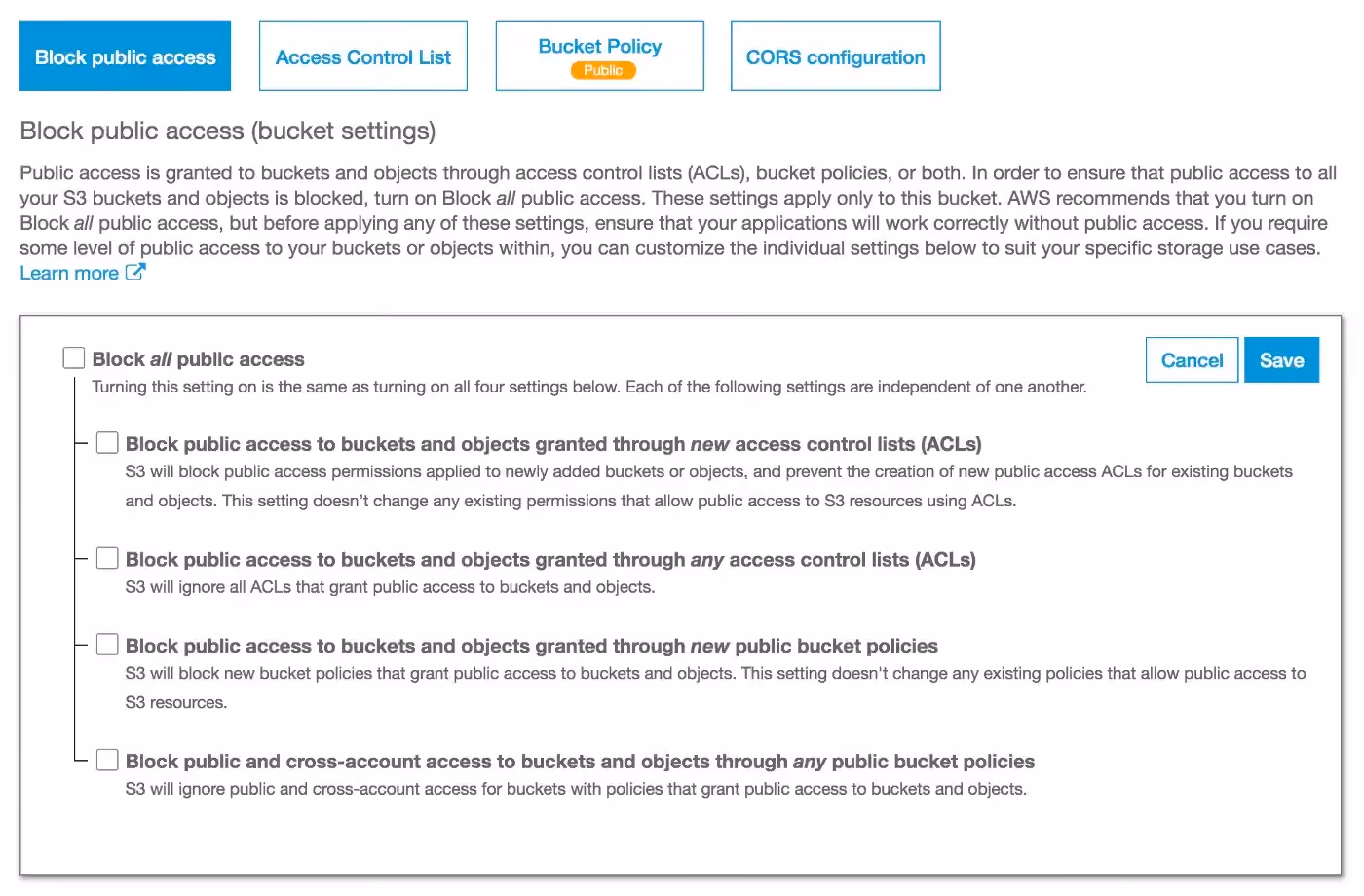 s3 bucket policy options in aws