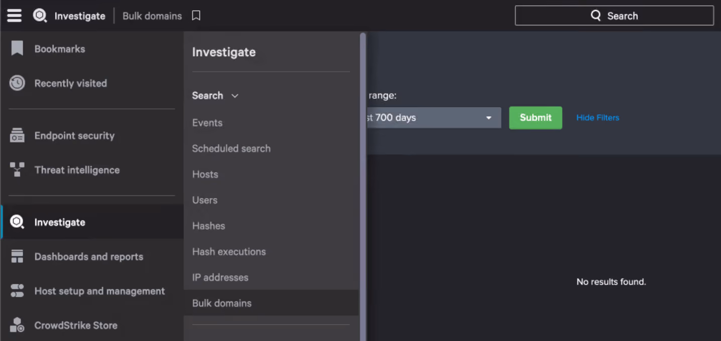 Investigate Menu in CrowdStrike