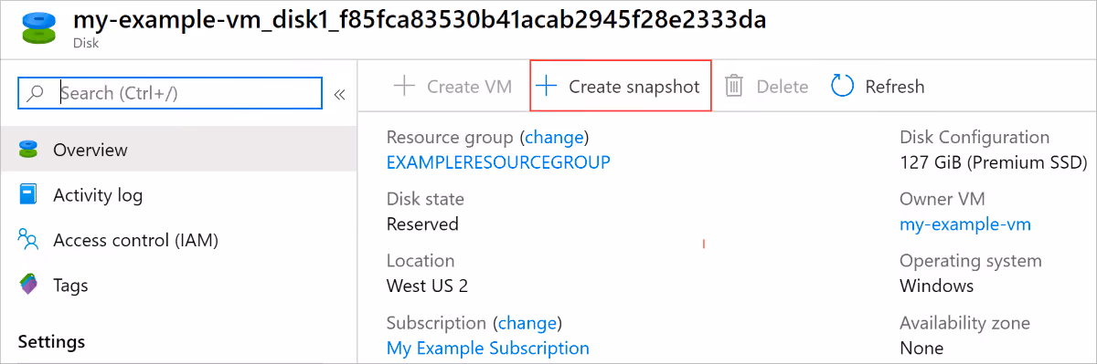 Creating a snapshot in Azure
