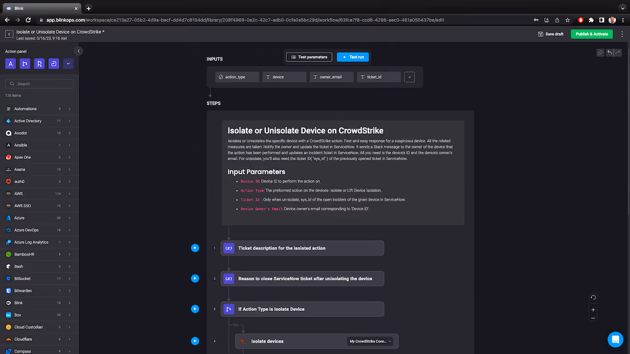 Blink automated Workflow: Isolate or Unisolate Device on CrowdStrike