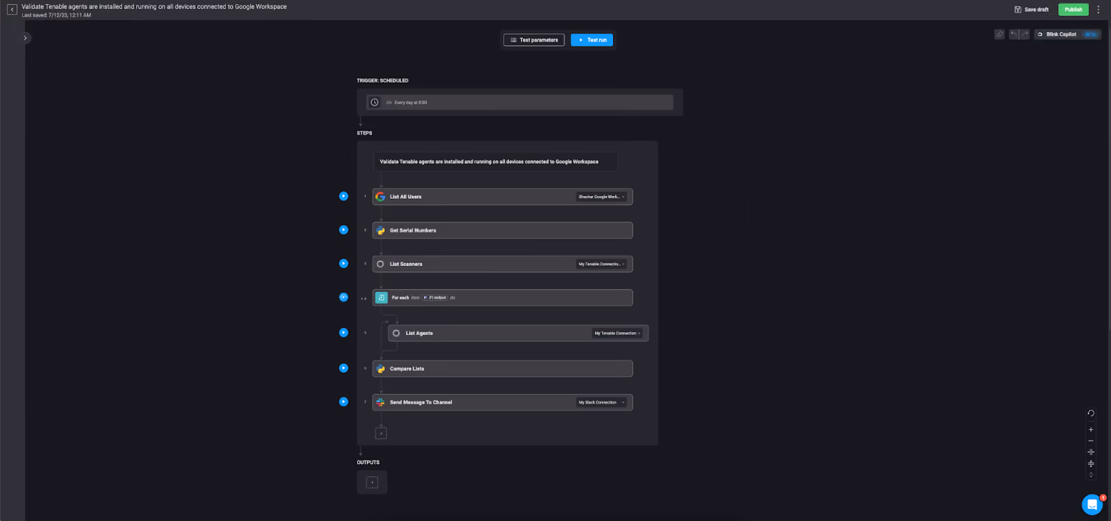 the blink platform workflow editor showing steps to a workflow
