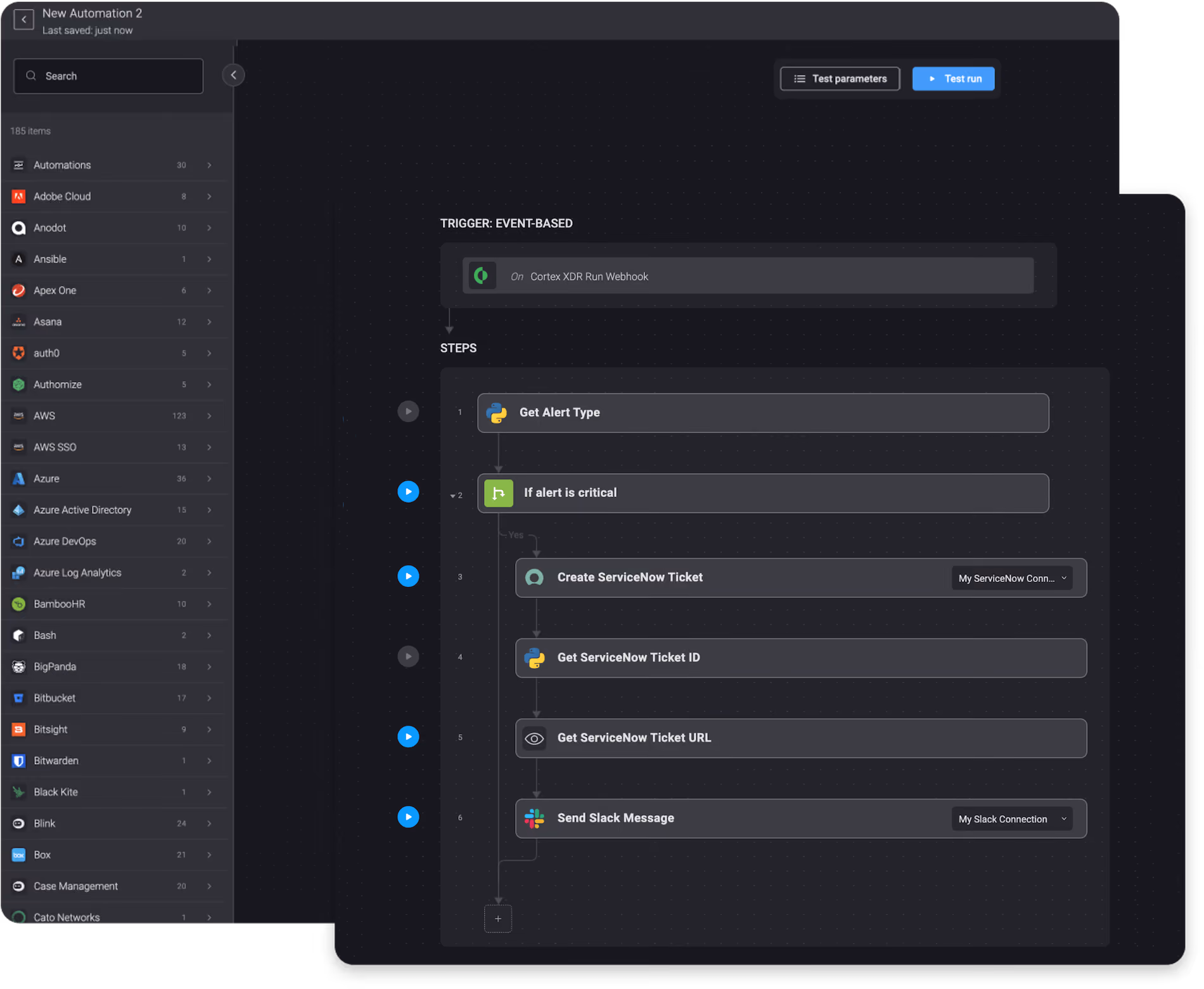 Blink Workflow: On a Critical Cortex XDR, Create a ServiceNow Ticket and Send a Slack Message