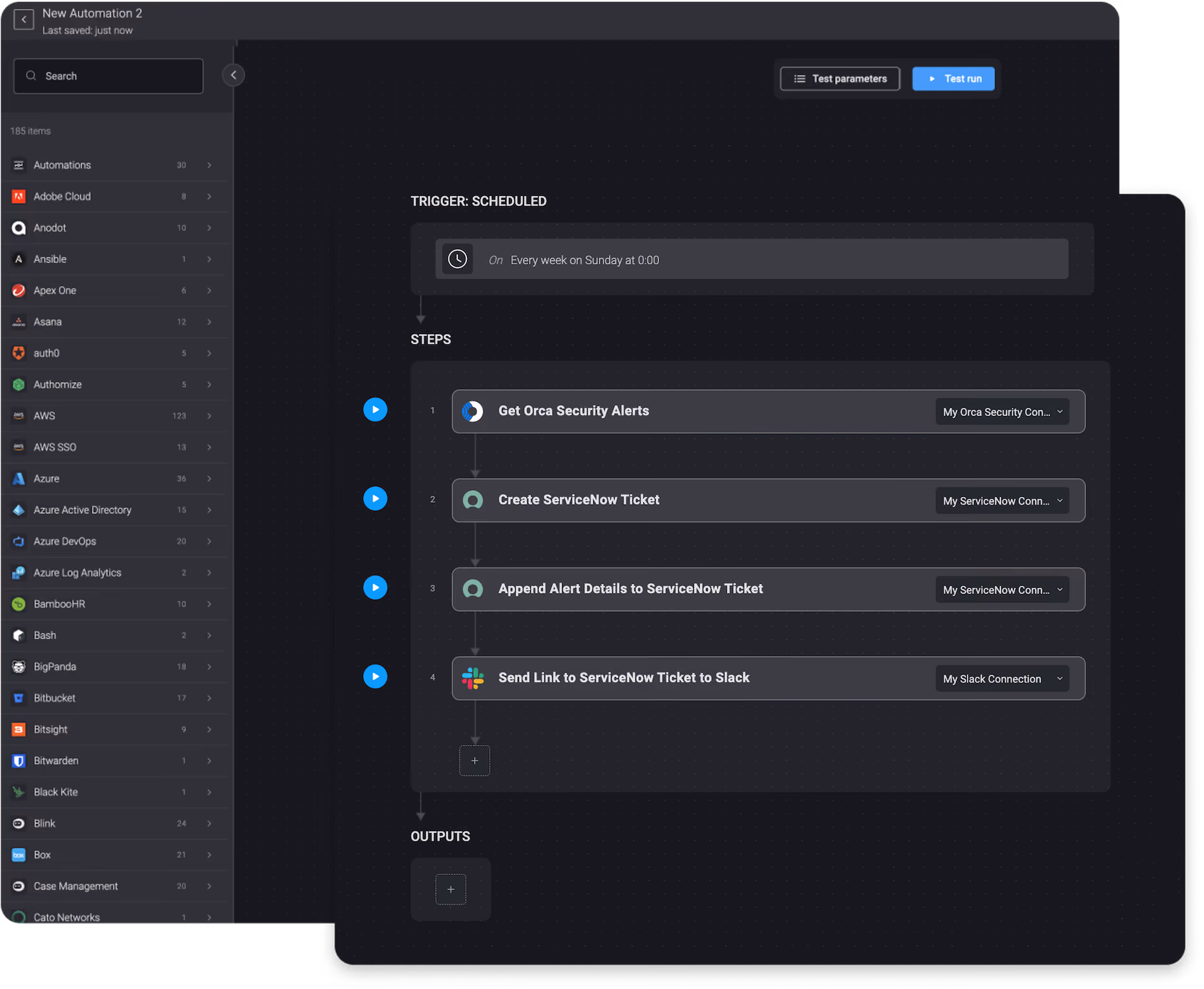 Blink Workflow: Once a week, get all Orca alerts and append them to a ServiceNow ticket