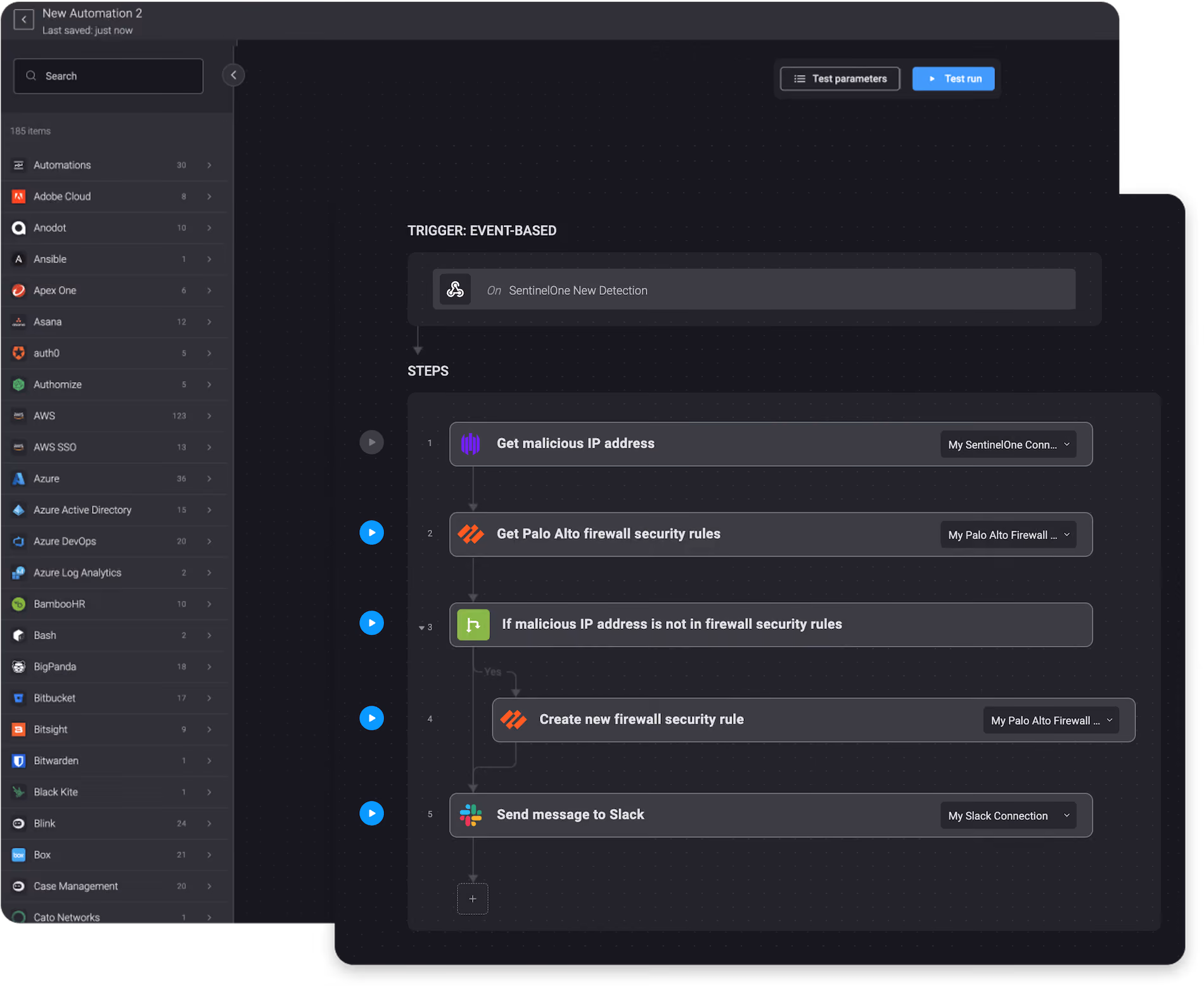 Blink Workflow: Get malicious IP addresses from SentinelOne alert and block the IP address with Palo Alto Networks Firewall