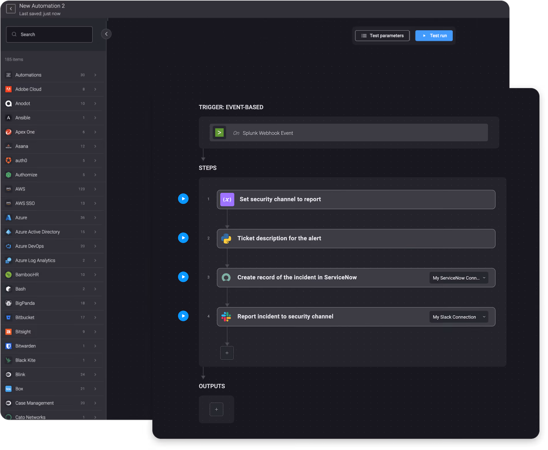 Blink Workflow: On a new Splunk Alert, Create a ServiceNow ticket and Send a message via Slack
