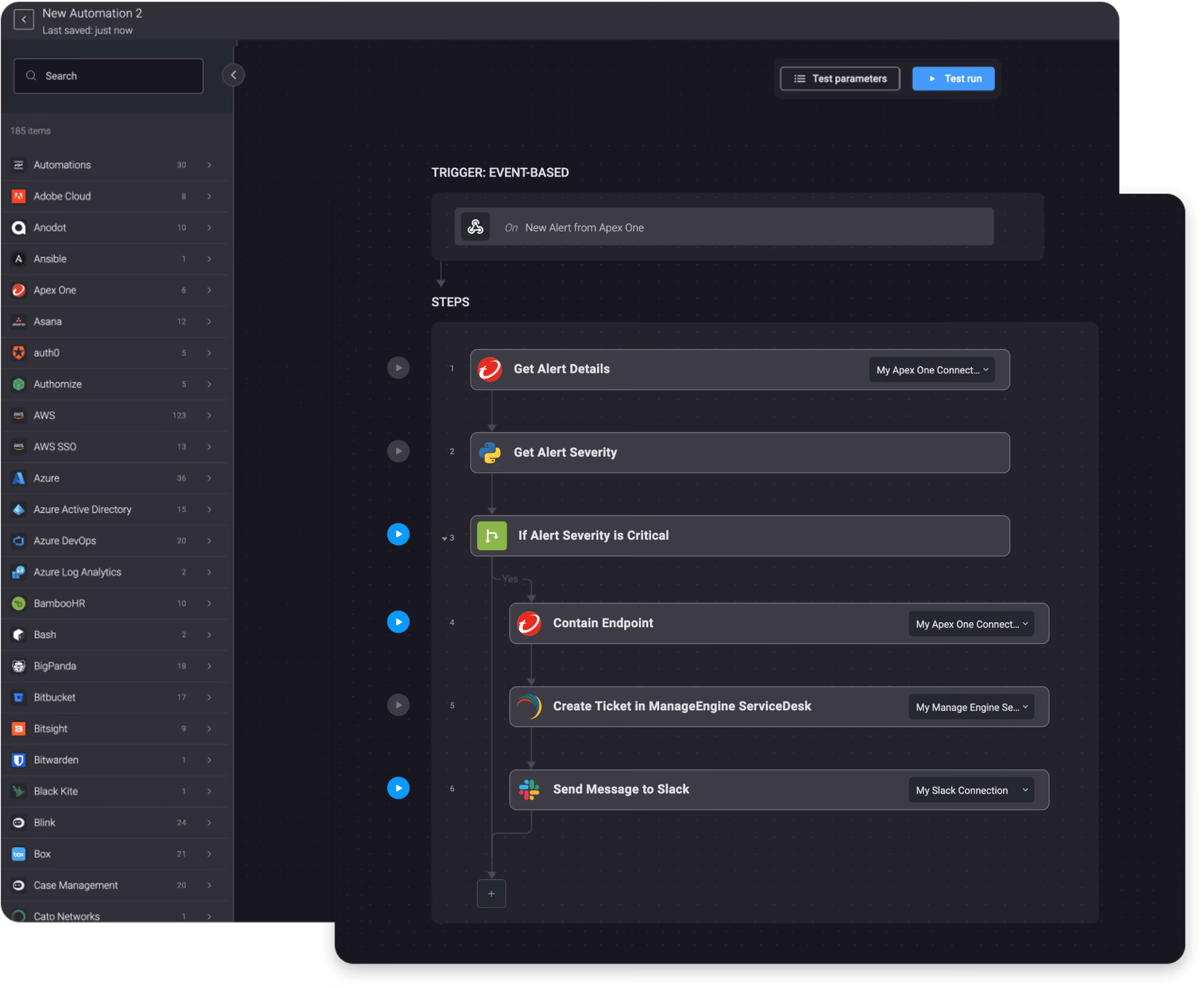 Containing a Device and Creating a ManageEngine Ticket on a New Apex One Alert