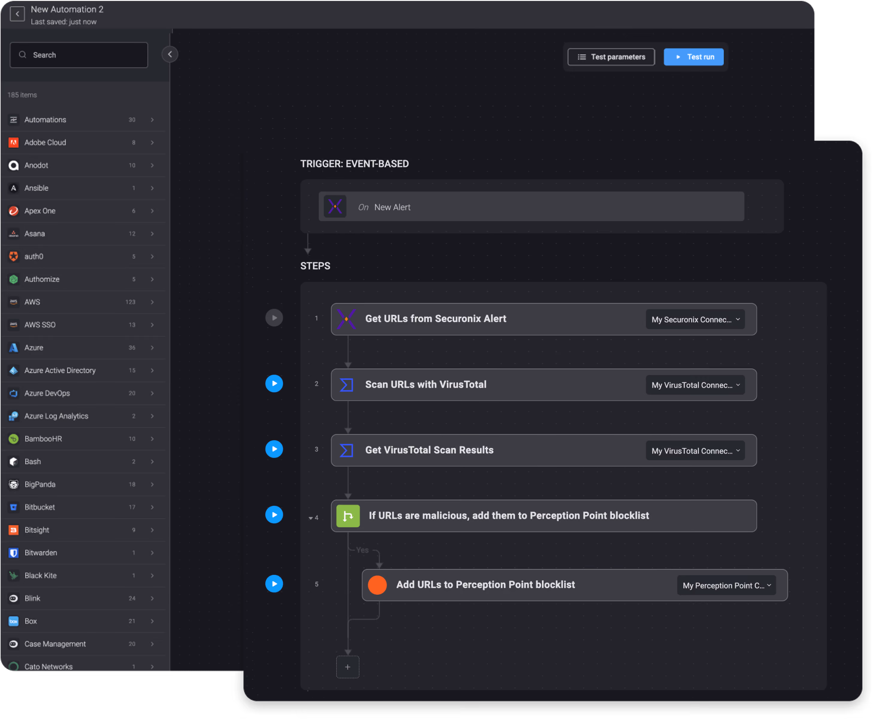 Blink Workflow: On a new Securonix Alert, Scan the URL with VirusTotal and Add Malicious URLs to Perception Point Blocklist