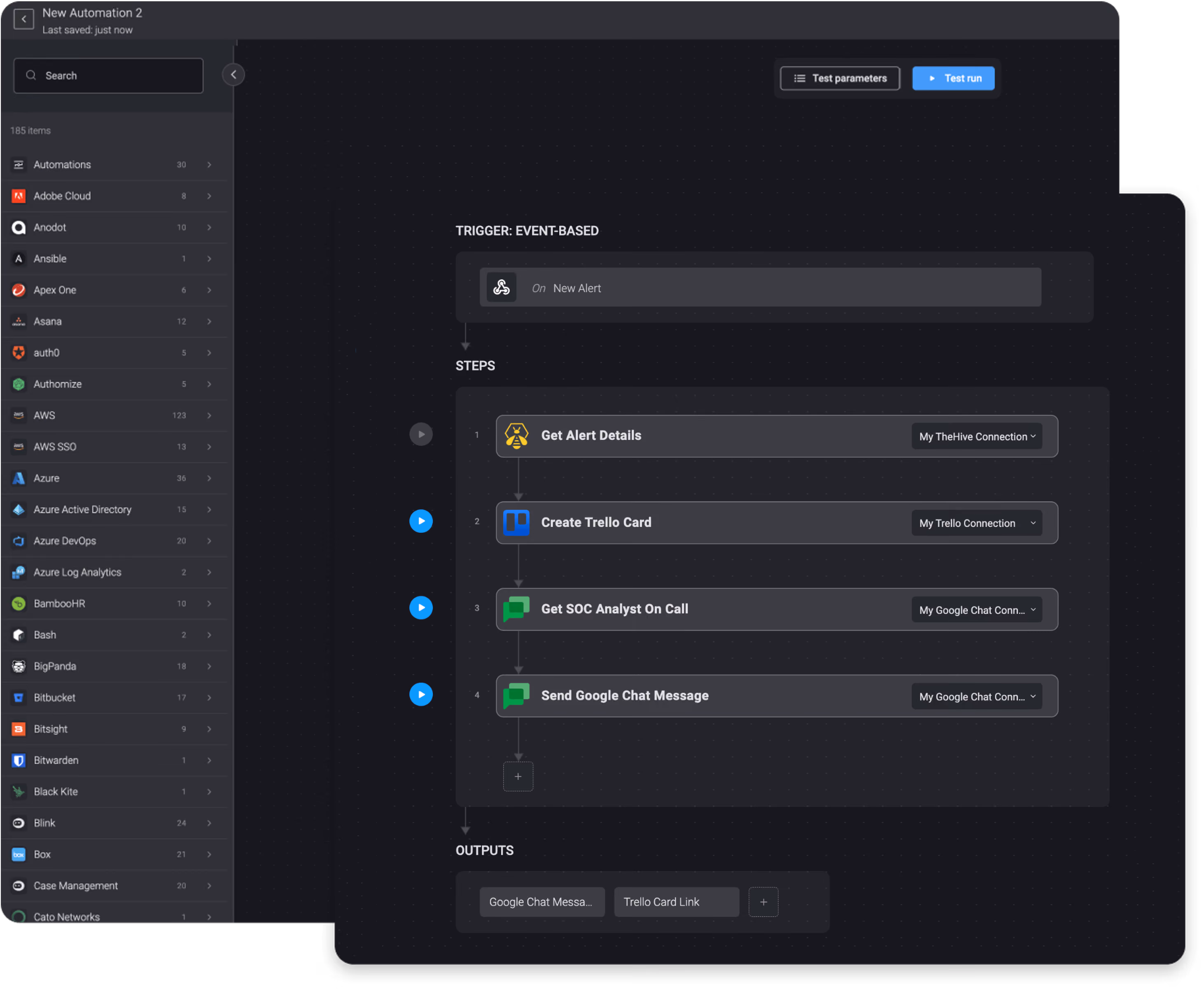 On a new TheHive alert, create a Trello card and send a Google chat message
