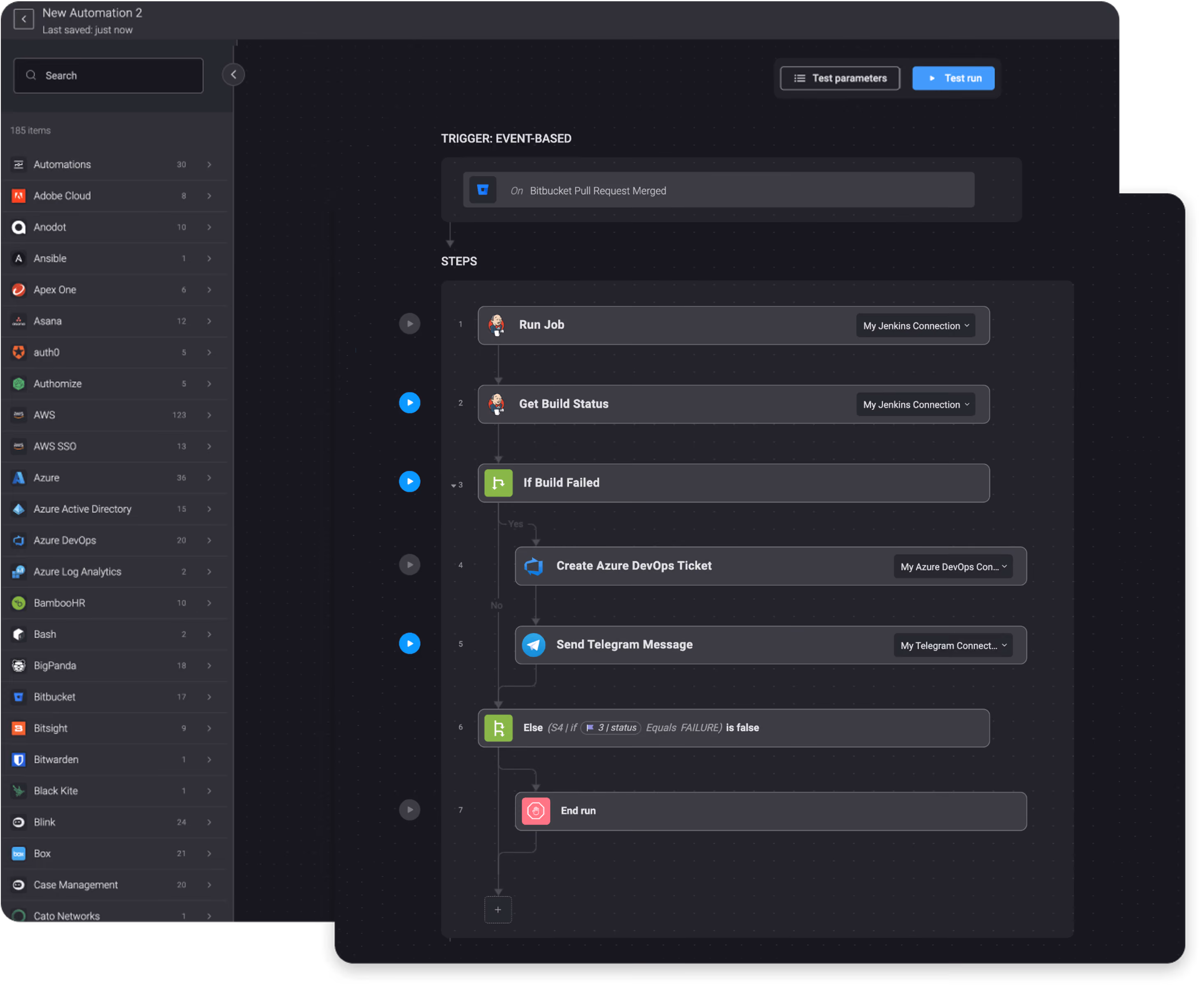 On a Bitbucket Merge, Run a Jenkins Build, Create a Azure DevOps Ticket, and Send a Telegram Message