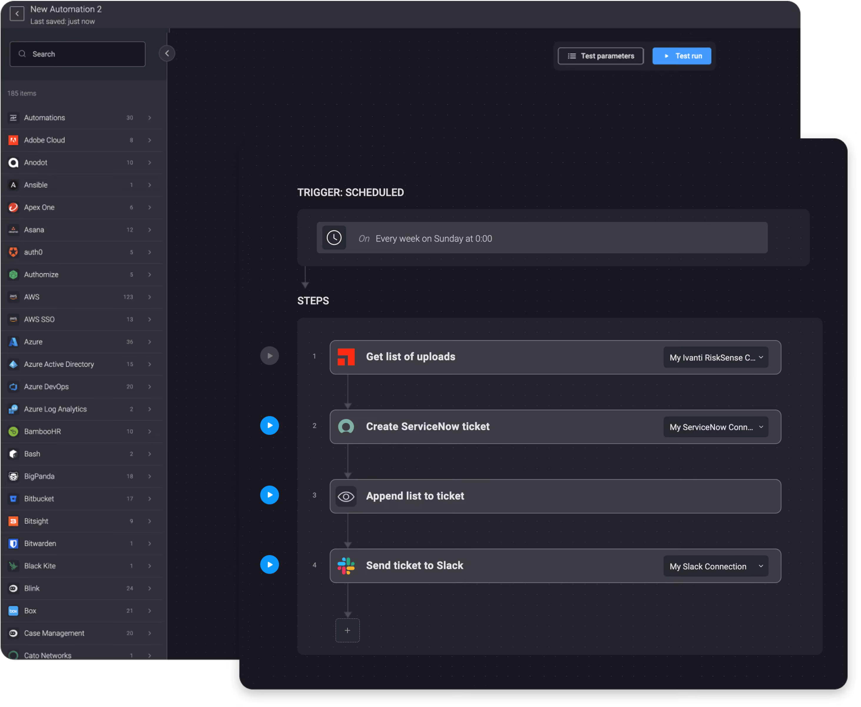 Blink Workflow: Once a week, get a list of uploads with Ivanti RiskSense and Append the List to ServiceNow