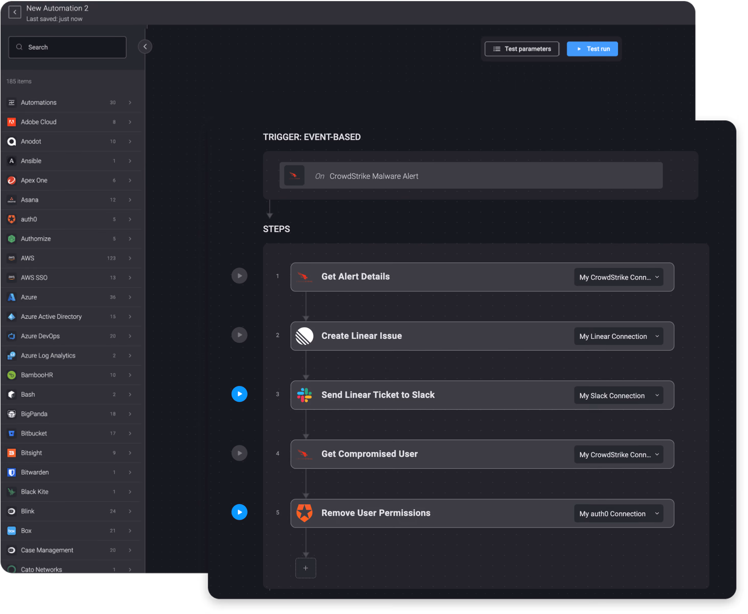 Blink Workflow: On a CrowdStrike Malware Alert, Create an Issue in Linear and Remove the Compromised User's Permissions via Auth0