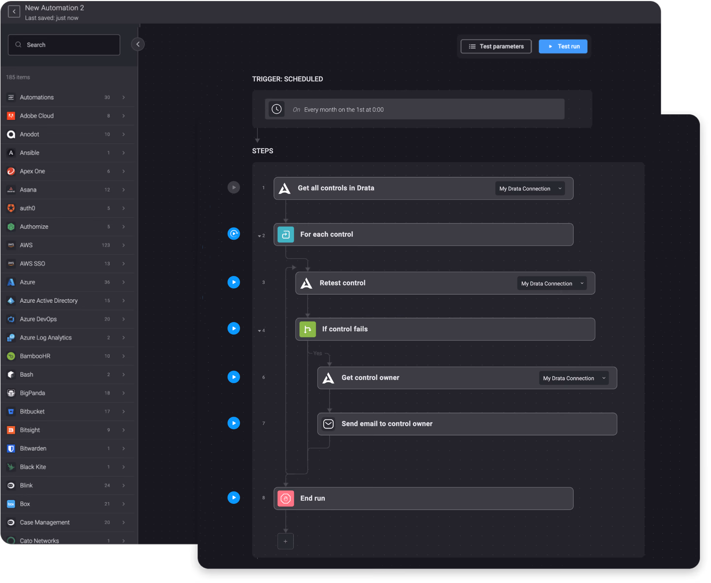 Blink workflow: Test controls once a month with Drata and if they fail, email the results to the control owner