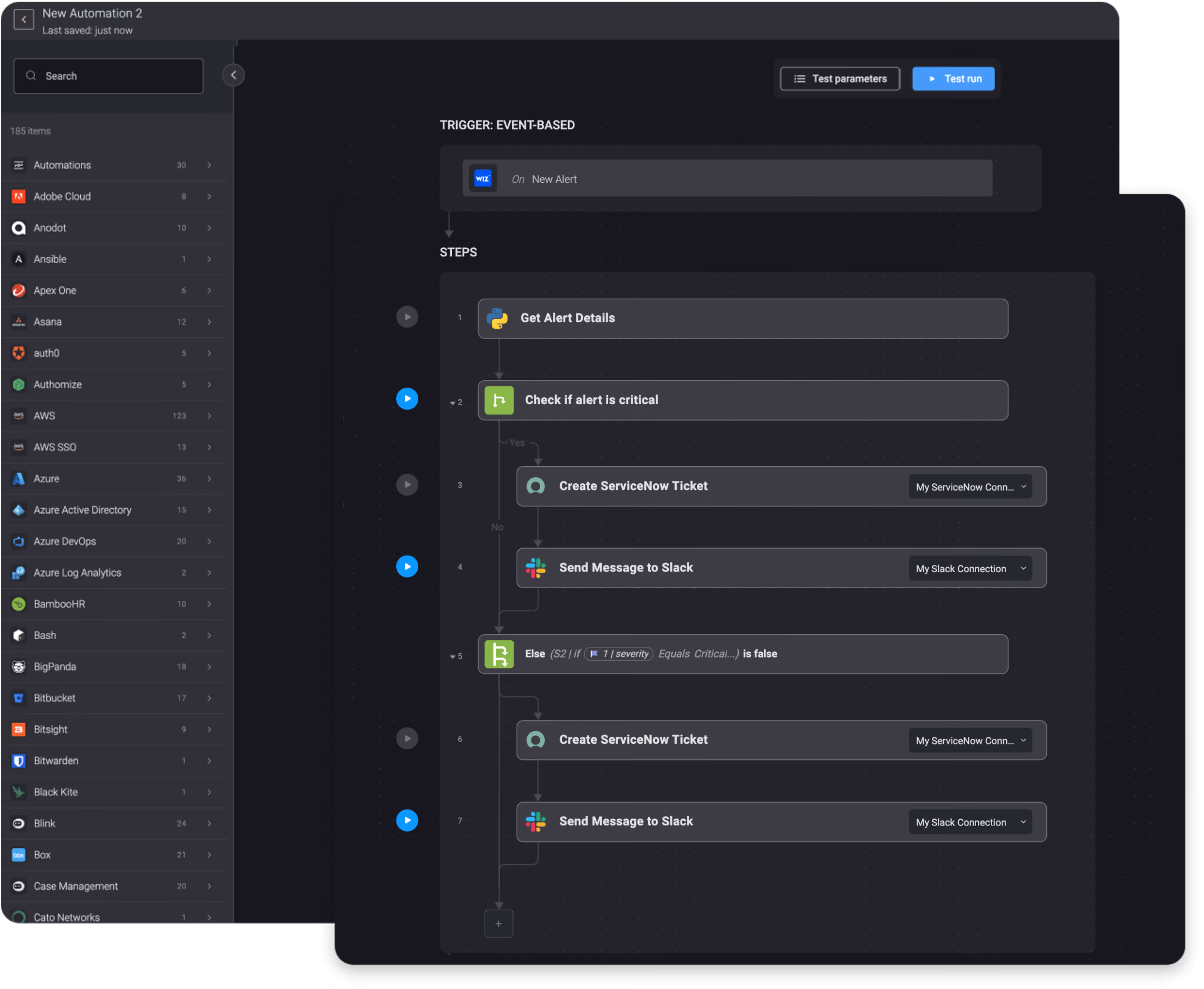 Blink Workflow: On a new critical Wiz alert, create a ServiceNow ticket and send it via Slack