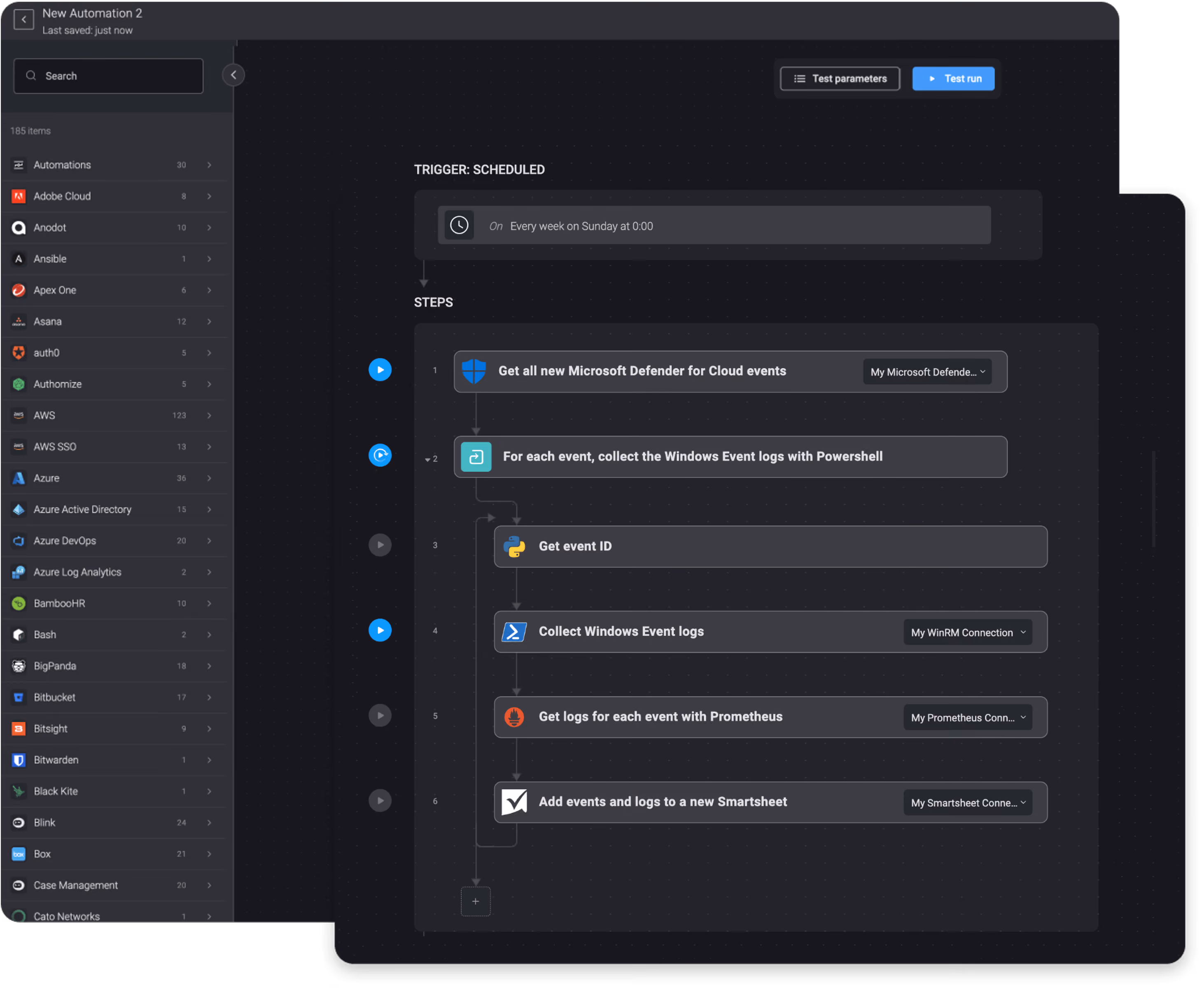 Once a week, get Microsoft Defender for Cloud events. Then use PowerShell and Prometheus to get logs, and add them to a Smartsheet.