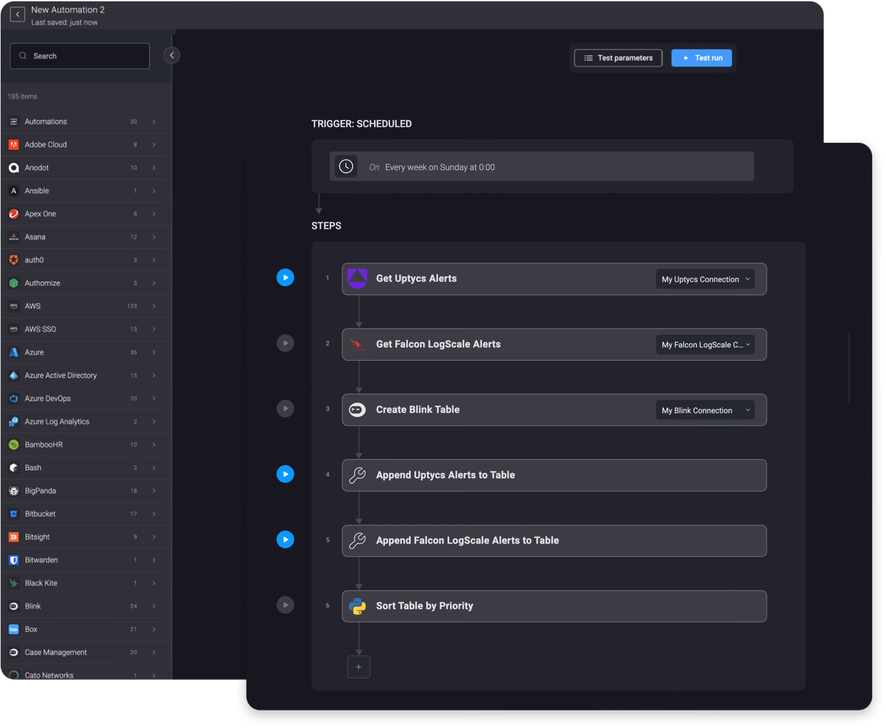 Once a week, get new Uptycs and LogScale alerts and add them to a Blink table