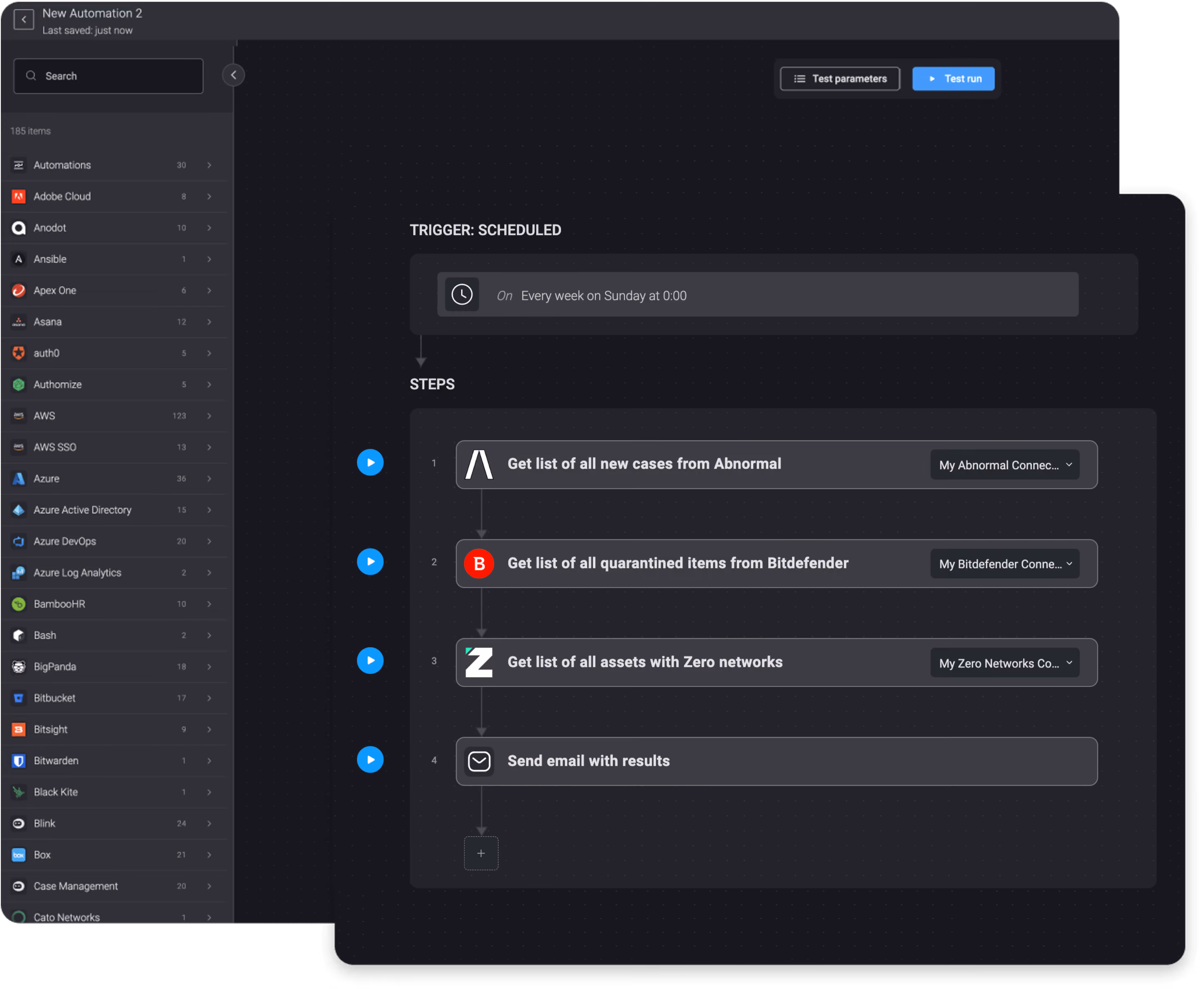 Pull a weekly report from Abnormal, Bitdefender, and Zero Networks