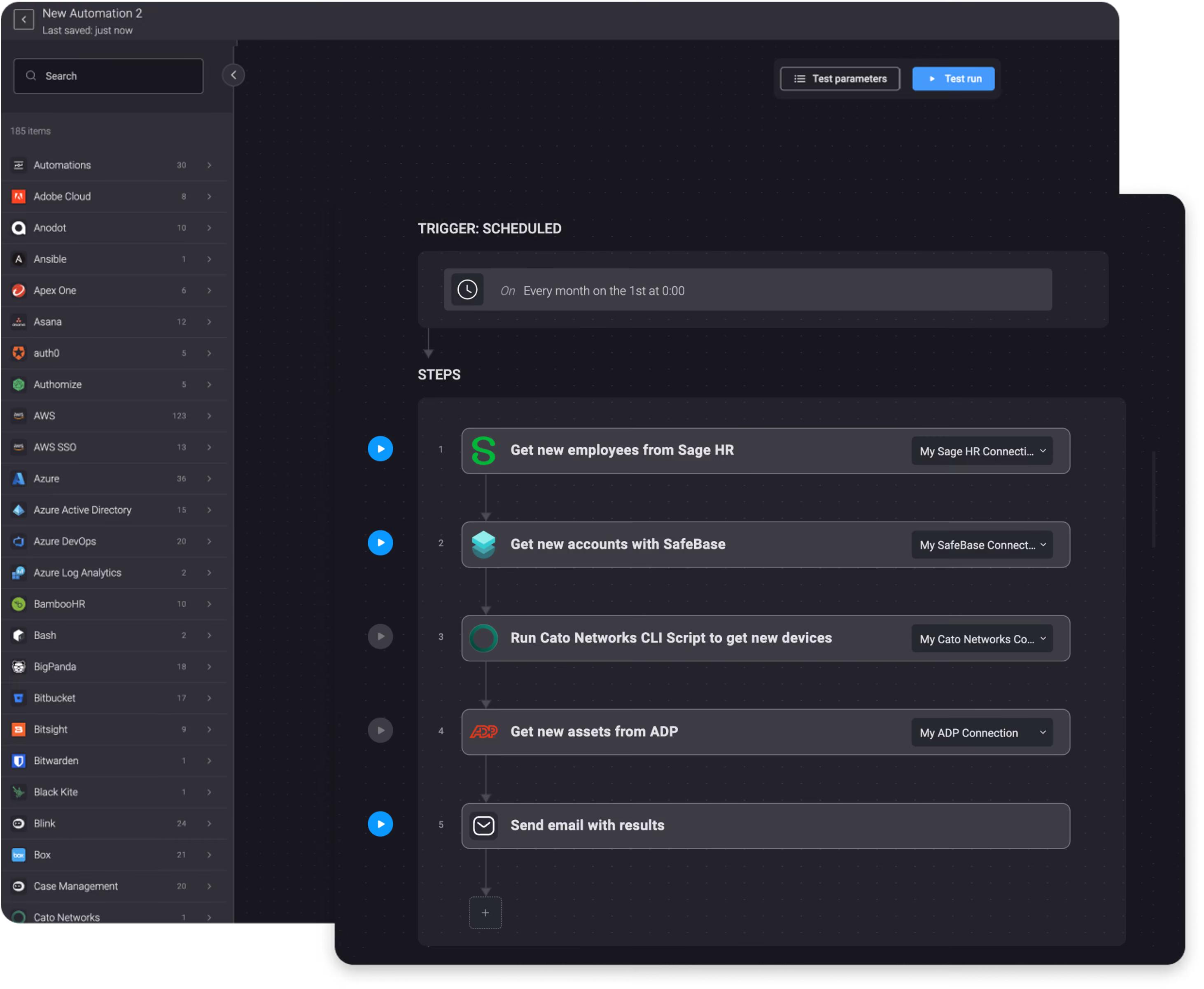 Once a month, pull updates from SafeBase, Sage HR, Cato Networks, and ADP