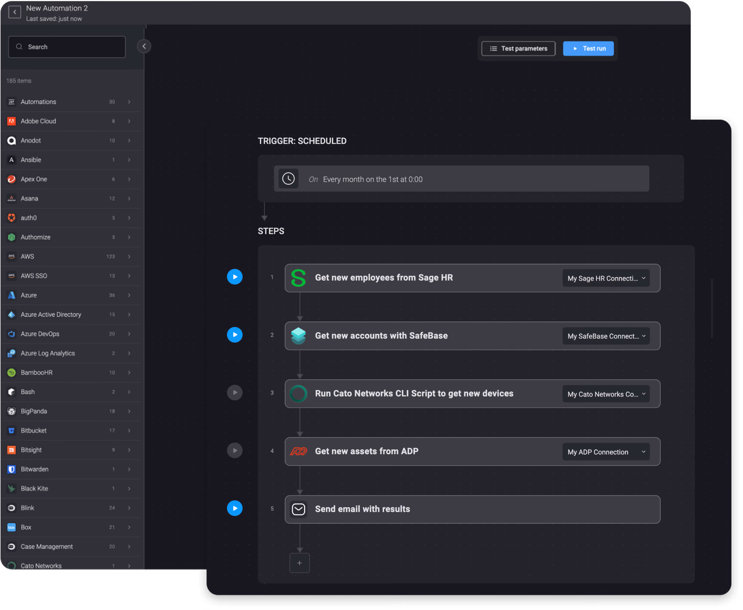 Once a month, pull updates from SafeBase, Sage HR, Cato Networks, and ADP
