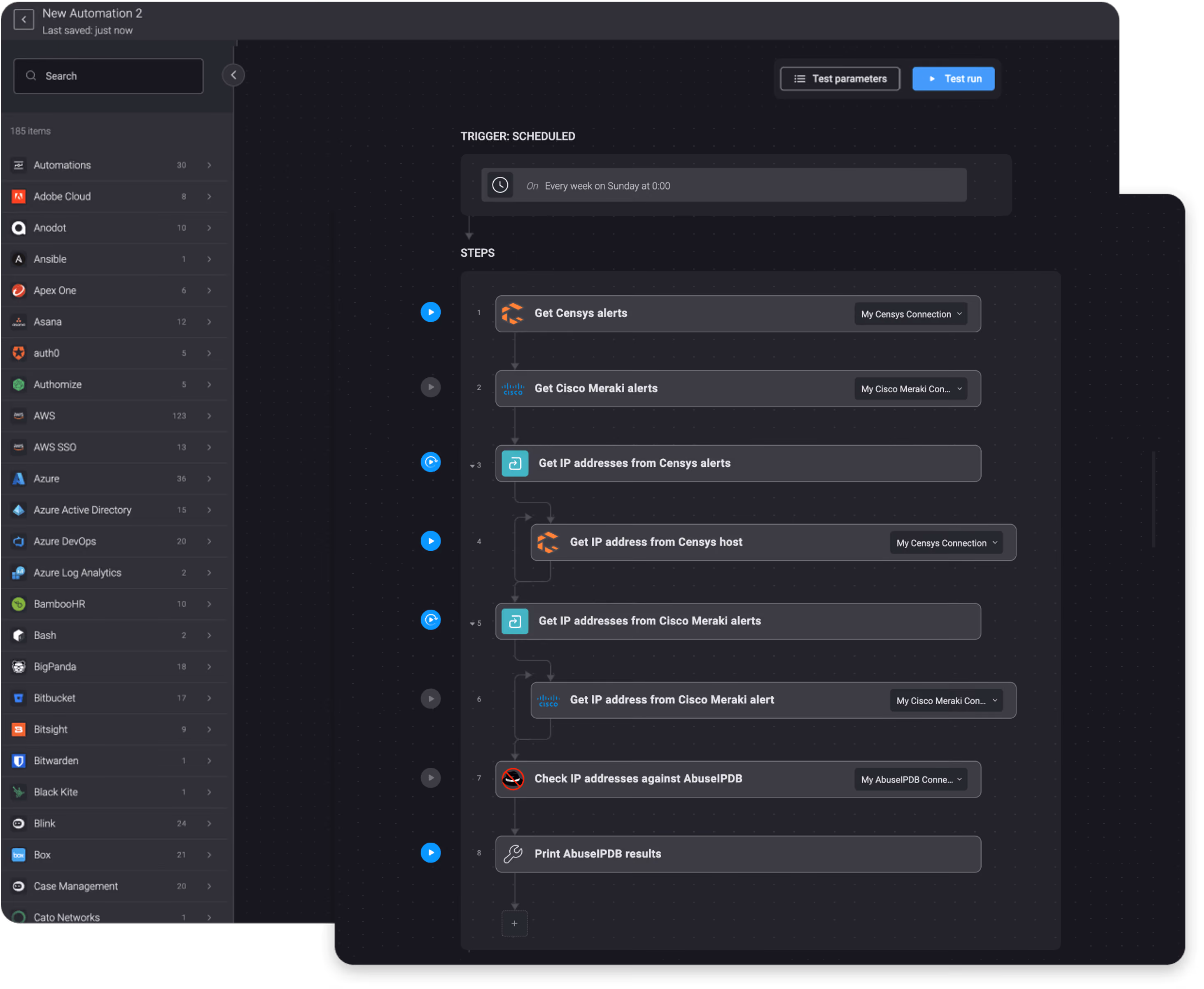 Once a week, get alerts from Censys and Cisco Meraki and check IP addresses with AbuseIPDB