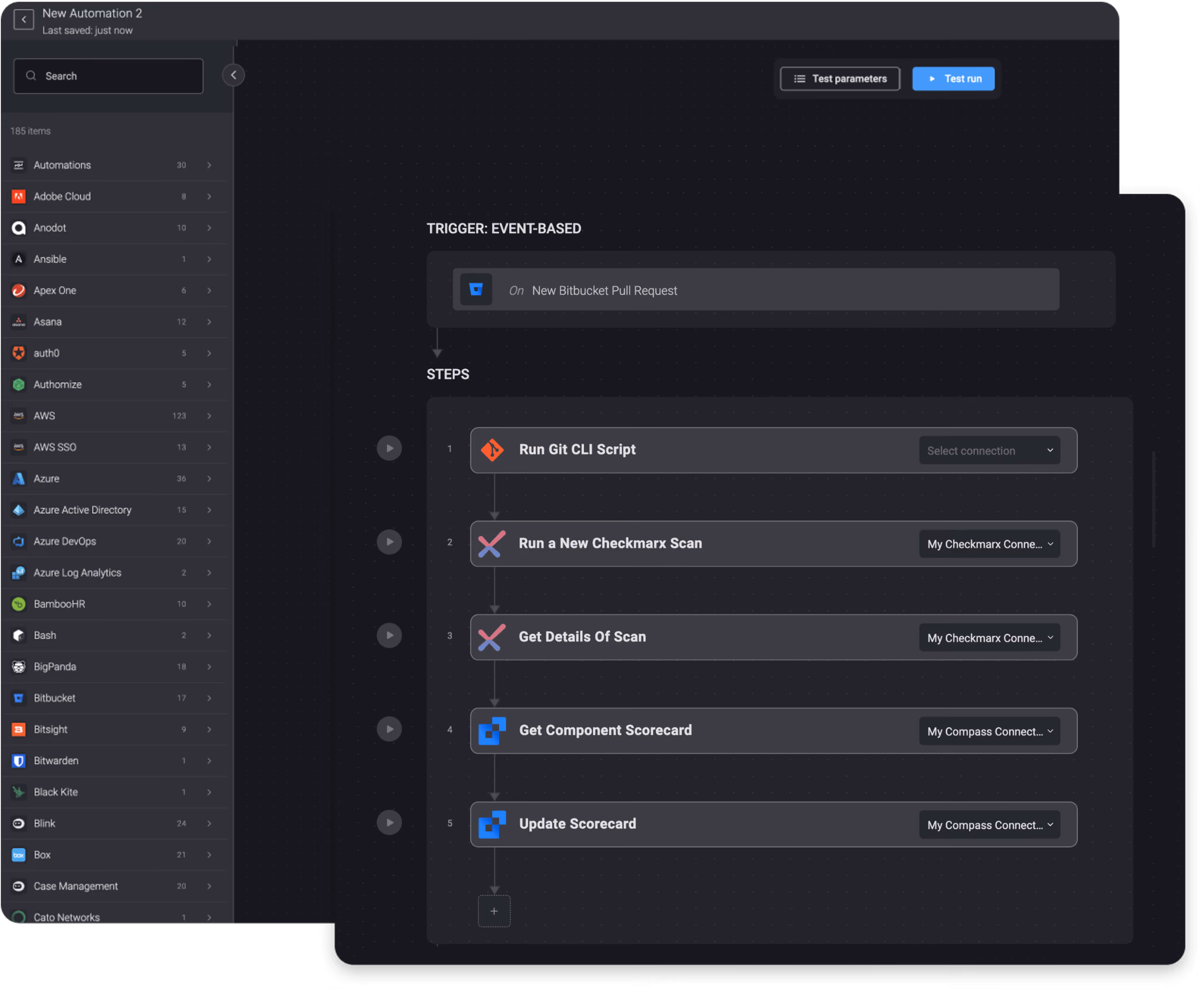 On a new Bitbucket pull request, clone a repo with a Git CLI command, run a Checkmarx scan, and update a Compass scorecard