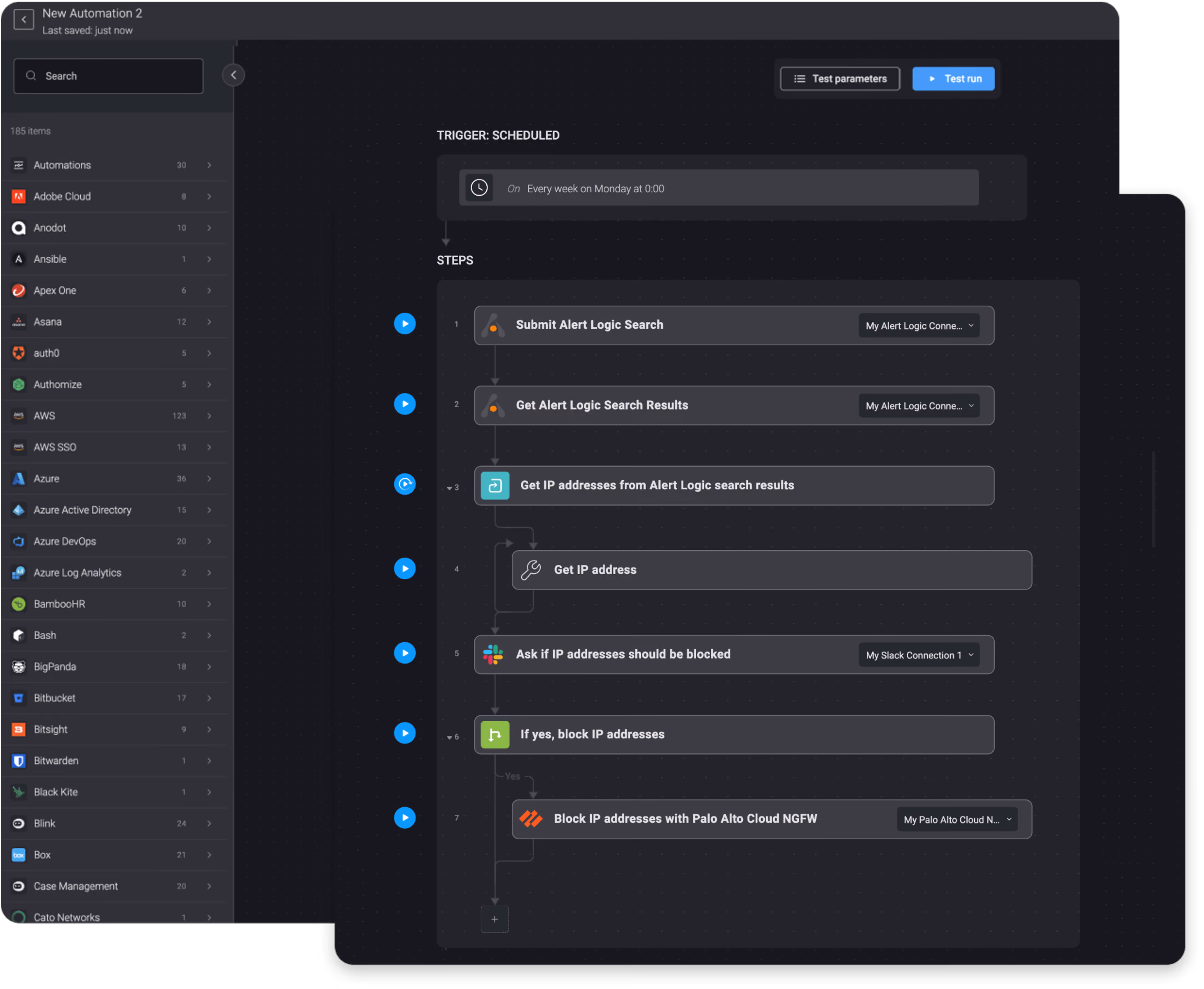 Running an Alert Logic search and blocking an IP address with Palo Alto Cloud NGFW