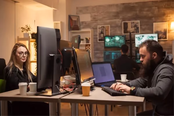 A person in a striped shirt is coding on a laptop with visible lines of code on the screen, seated in a chair in a room with others present in the background.