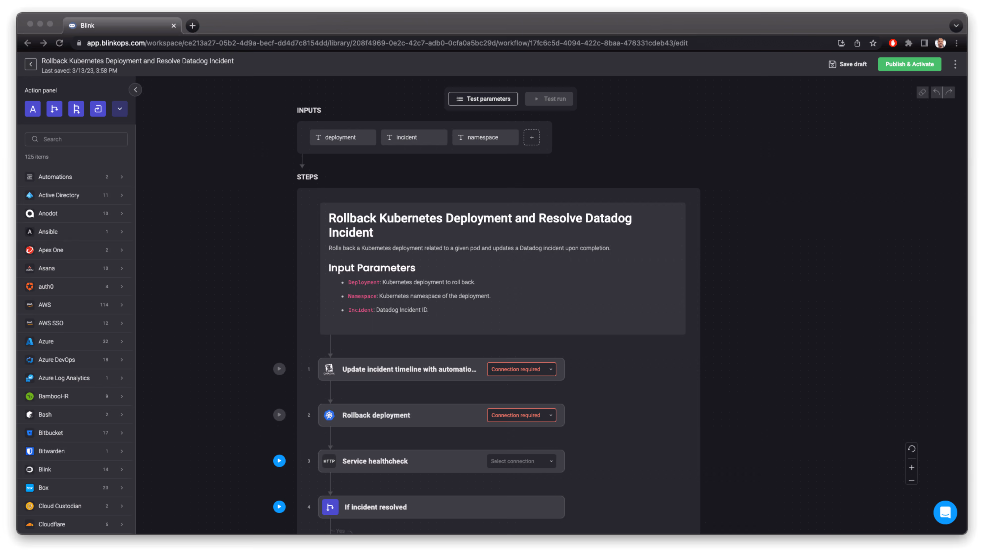 Blink Automation: Rollback Kubernetes Deployment and Resolve Datadog Incident