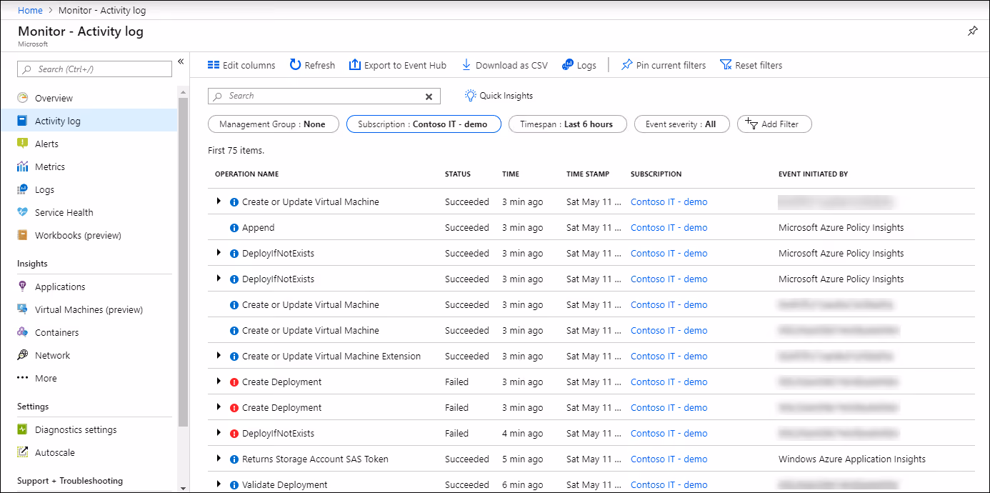 Azure activity log