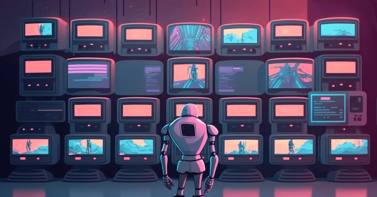AI-generated image of a Blink robot in front of a wall of TV screens