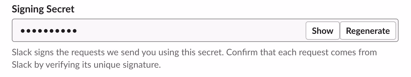 Screenshot of the Slack user interface Signing Secret form