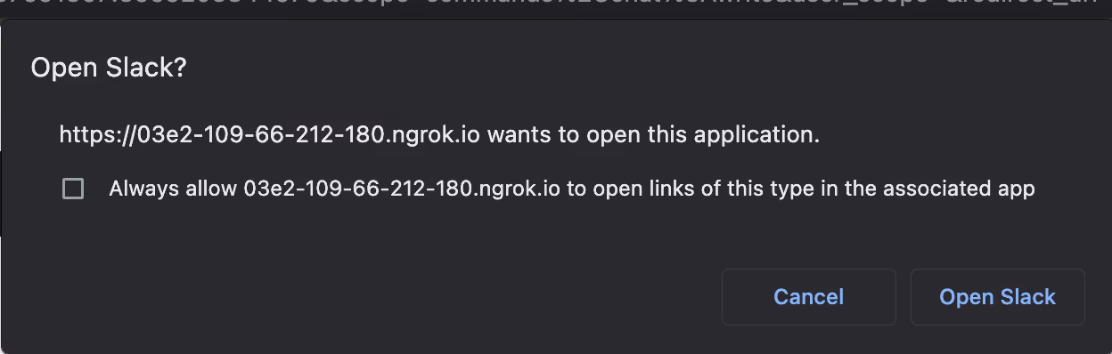 Screenshot of the Slack user interface system prompt to allow application
