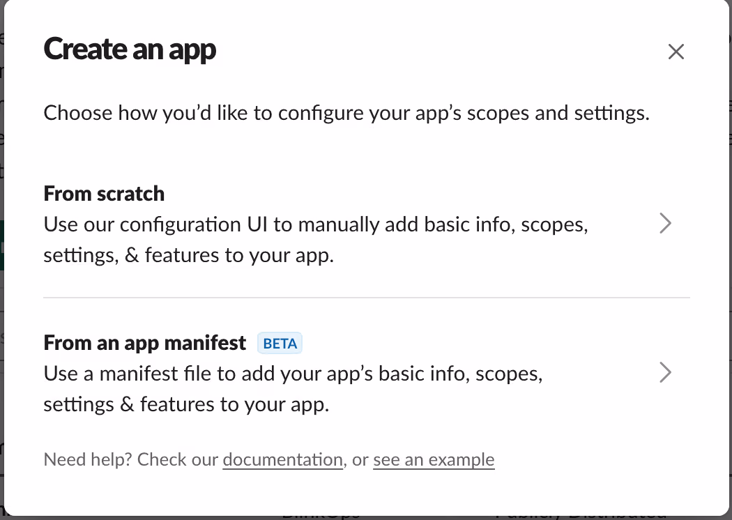 Screenshot of the Slack user interface Create an app menu