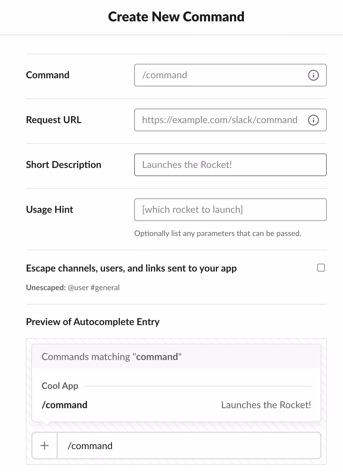 Screenshot of the Slack user interface Create New Command form
