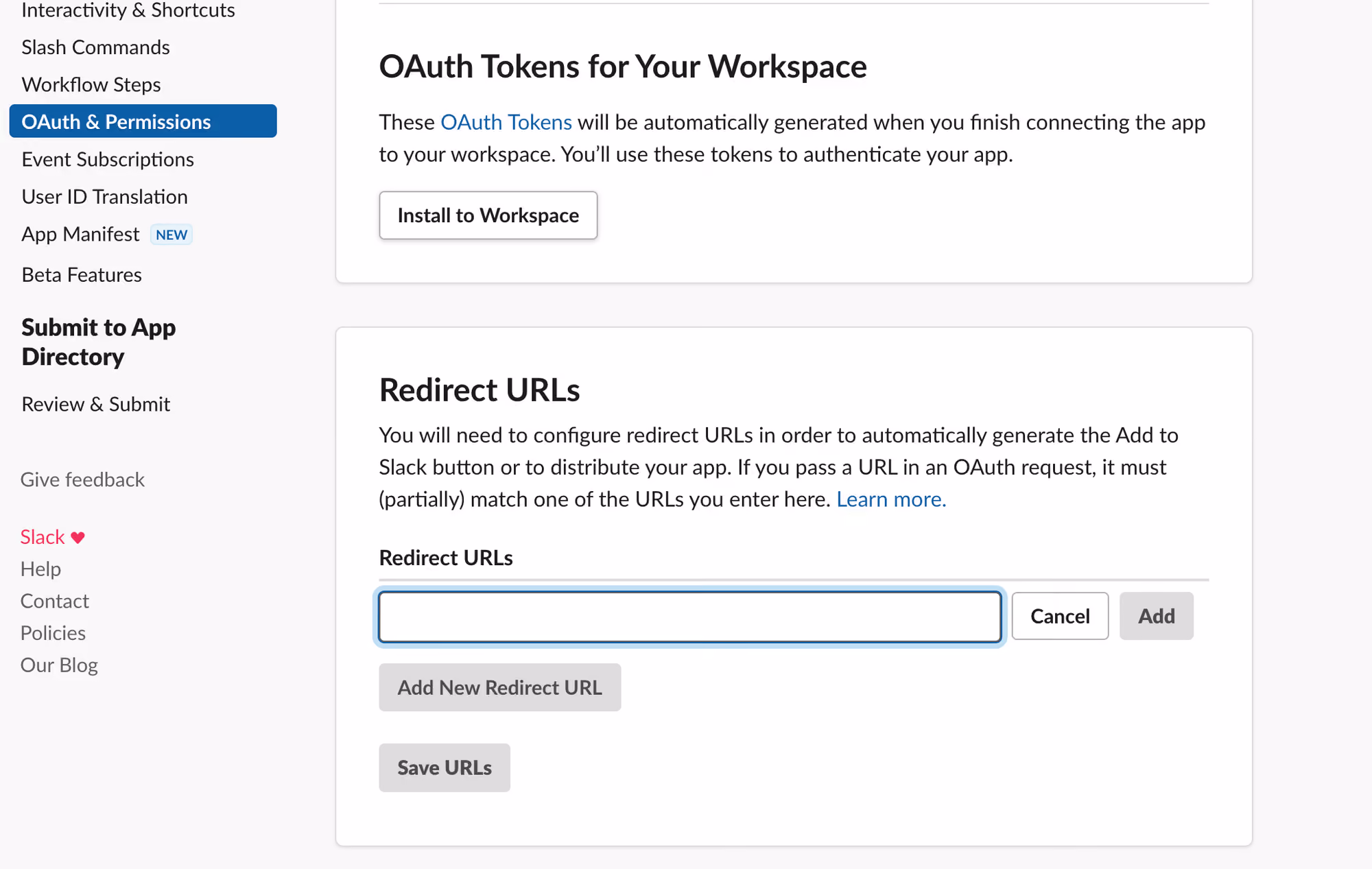 Screenshot of the Slack user interface Setting menu with OAuth & Permissions selected and scrolled down to OAuth Tokens section