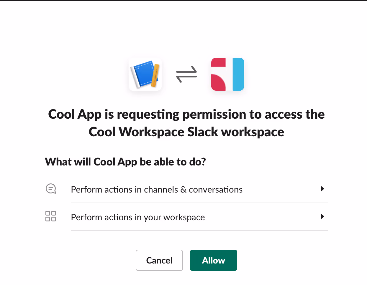 Screenshot of the Slack user interface custom app permission request form