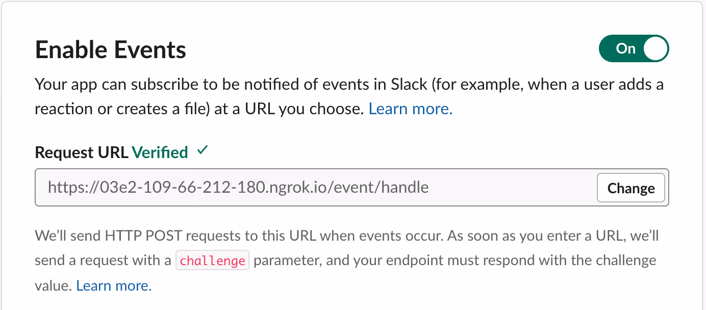 Screenshot of the Slack user interface Enable Events settings