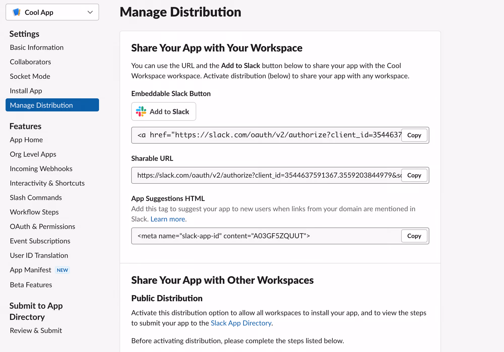 Screenshot of the Slack user interface Setting menu with Manage Distribution selected