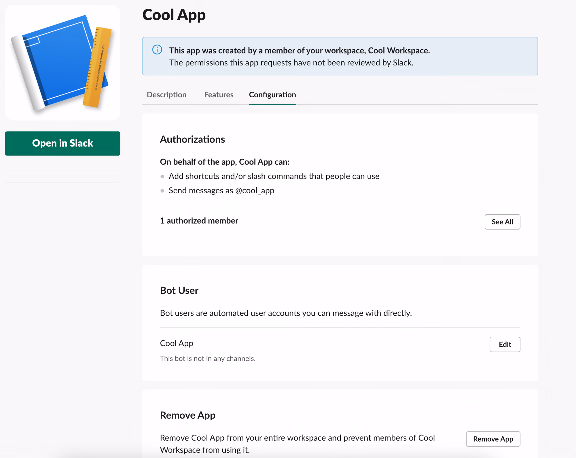 Screenshot of the Slack user interface cool app details page