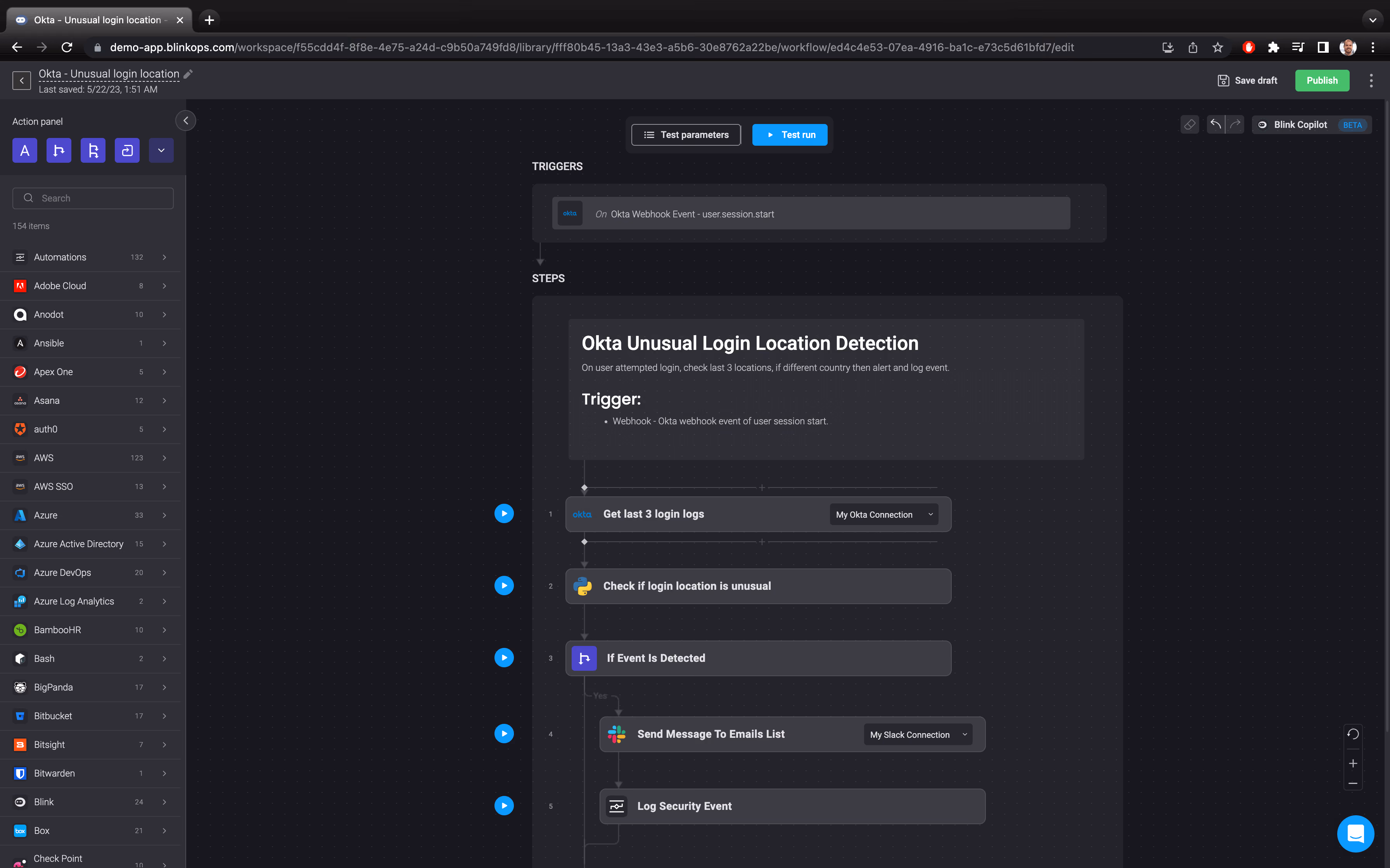 Blink Automation: Okta Unusual Login Locations - Detection