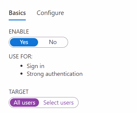 Basics tab of Microsoft Authenticator Settings