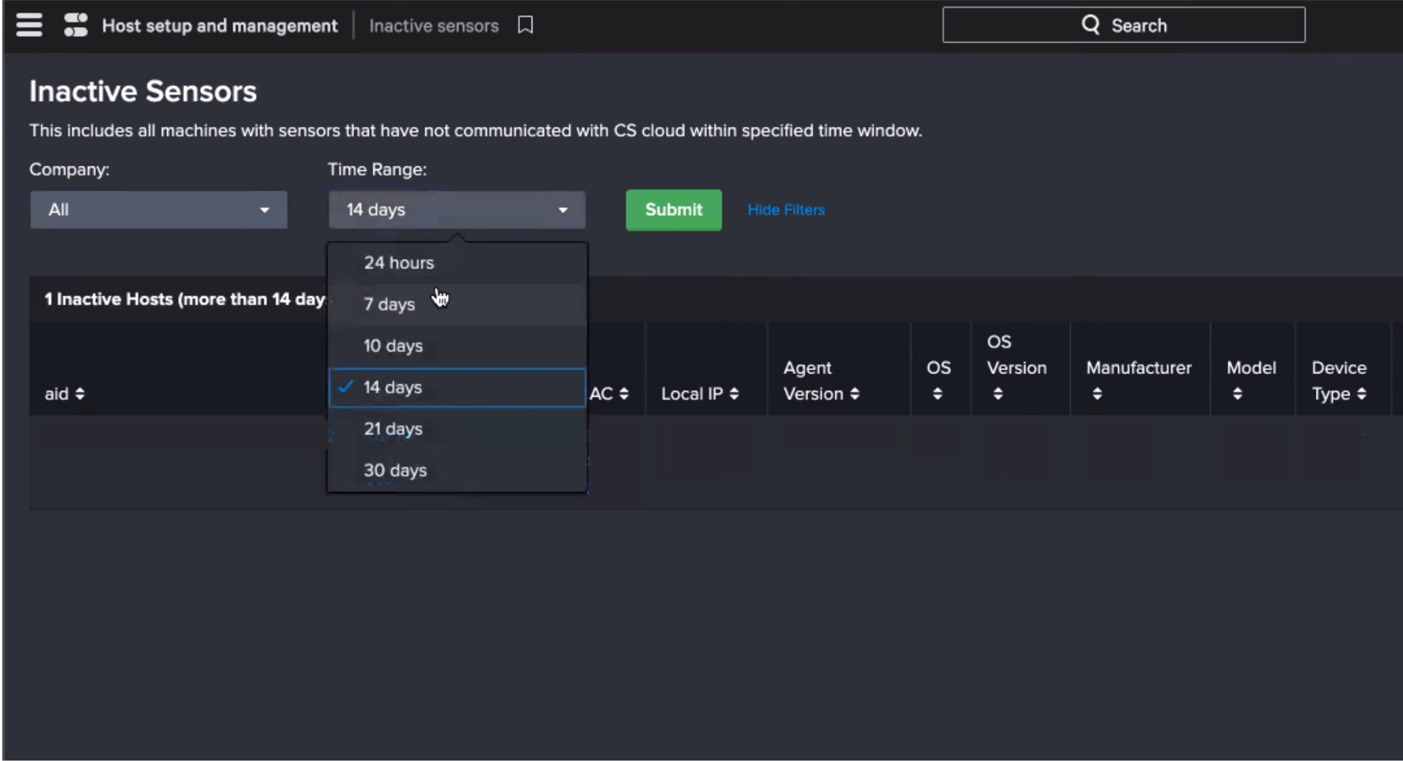 Inactive Sensors View in CrowdStrike