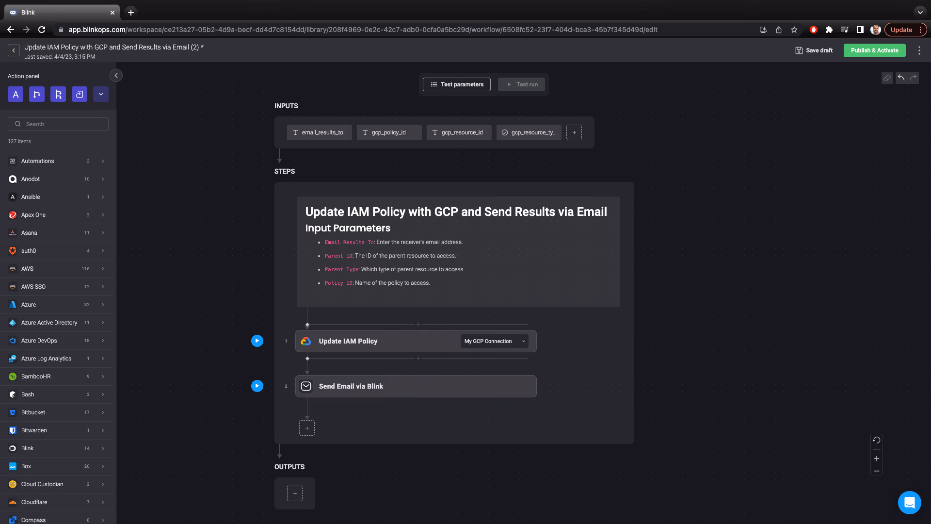 Blink Automation: Update IAM Policy with GCP and Send Results via Email Input Parameters